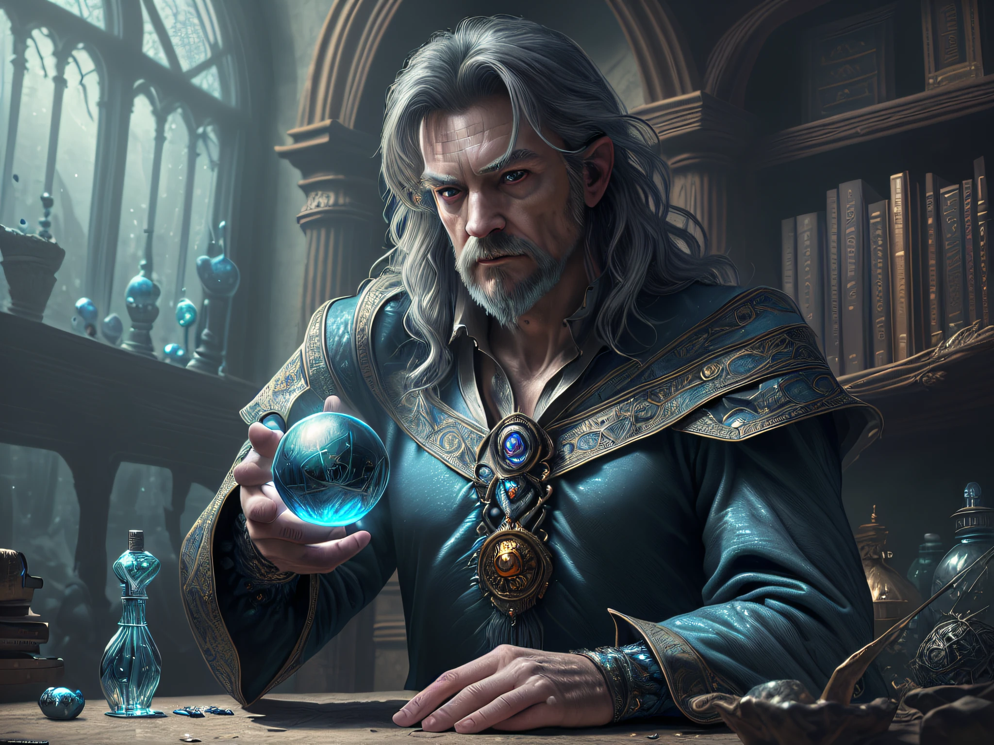 high details, best quality, 8k, [ultra detailed], masterpiece, best quality, (extremely detailed), dynamic angle, ultra wide shot, photorealistic, RAW, fantasy art, dnd art, fantasy art, realistic art, a wide angle view wallpaper of a wizard (intense details, Masterpiece, best quality: 1.5) looking into his cell phone (intense details, Masterpiece, best quality: 1.5), blue magical energy from the cell phone V0id3nergy  (intense details, Masterpiece, best quality: 1.5)  there is a crystal ball on the table,  human male wizard, fantasy wizard (intense details, Masterpiece, best quality: 1.5), D&D wizard, young human male (intense details, Masterpiece, best quality: 1.5), [[anatomically correct]], dynamic hair, dynamic eyes, wearing magical robe (intense details, Masterpiece, best quality: 1.5), dynamic colors, ultra detailed face (intense details, Masterpiece, best quality: 1.5), in his laboratory (intense details, Masterpiece, best quality: 1.5), many magical tomes, magical library (intense details, Masterpiece, best quality: 1.5), many magical vials, ultra wide angle from a medium distance