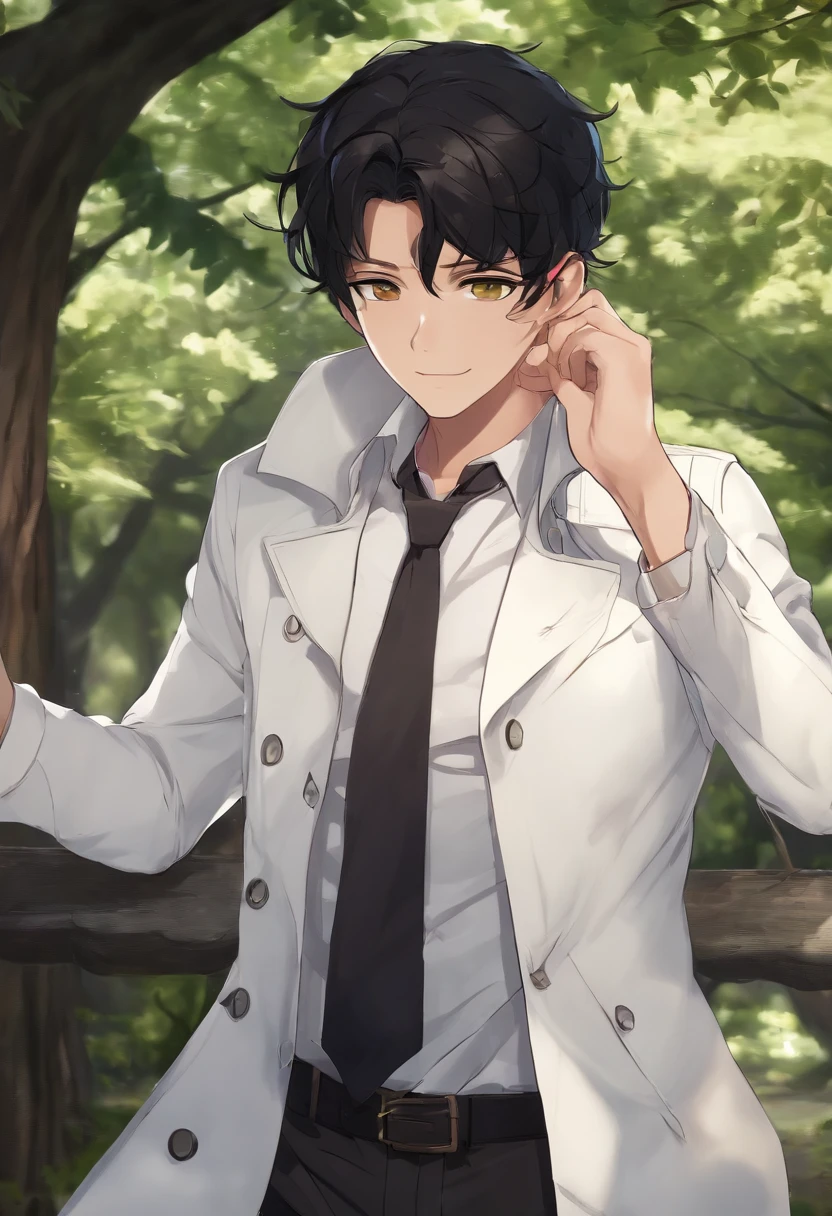 Handsome anime man,Short black hair and bright eyes,The body is well-proportioned,wiry。Clothes wearing a white trench coat、Under the trees