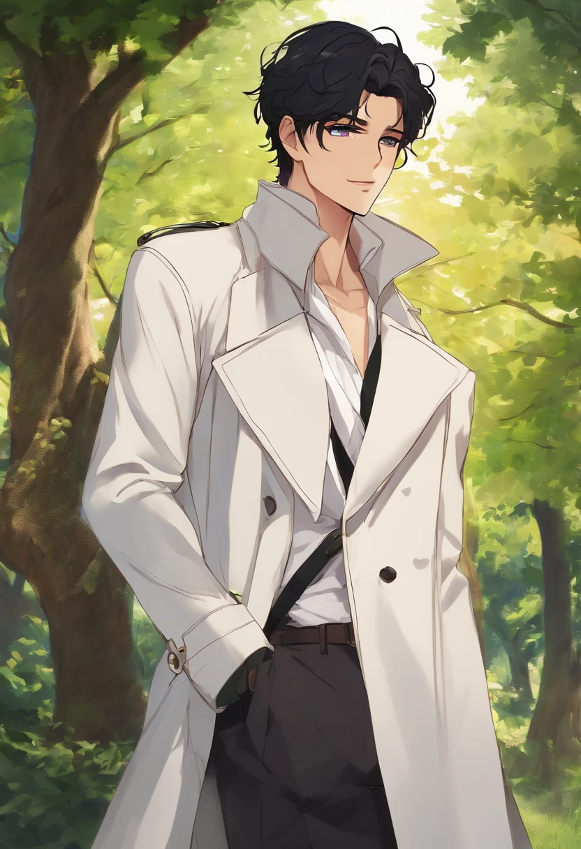 Handsome anime man，Short black hair and bright eyes，The body is well-proportioned，wiry。Clothes wearing a white trench coat、Under the trees