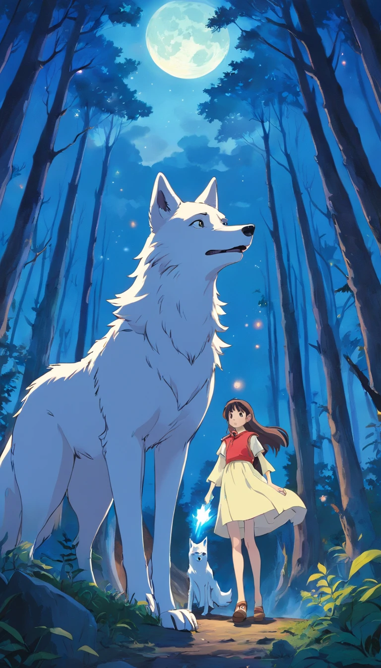 Top image quality、Giant white wolf、tutelary、One girl、the witch、irate、blue flames、Moon Night、in woods、karo、Pattern