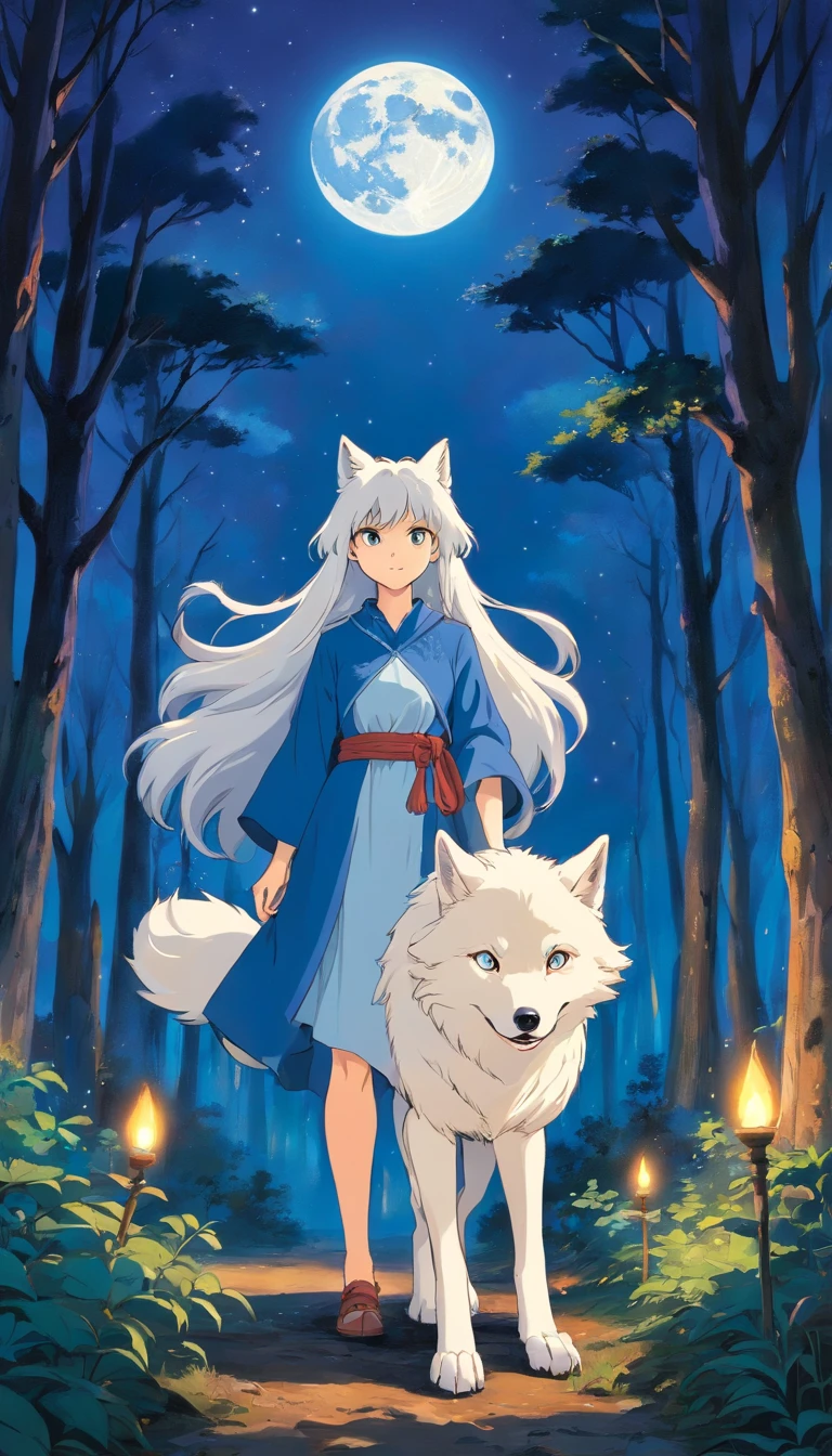 Top image quality、Giant white wolf、tutelary、One girl、the witch、irate、blue flames、Moon Night、in woods、karo、Pattern