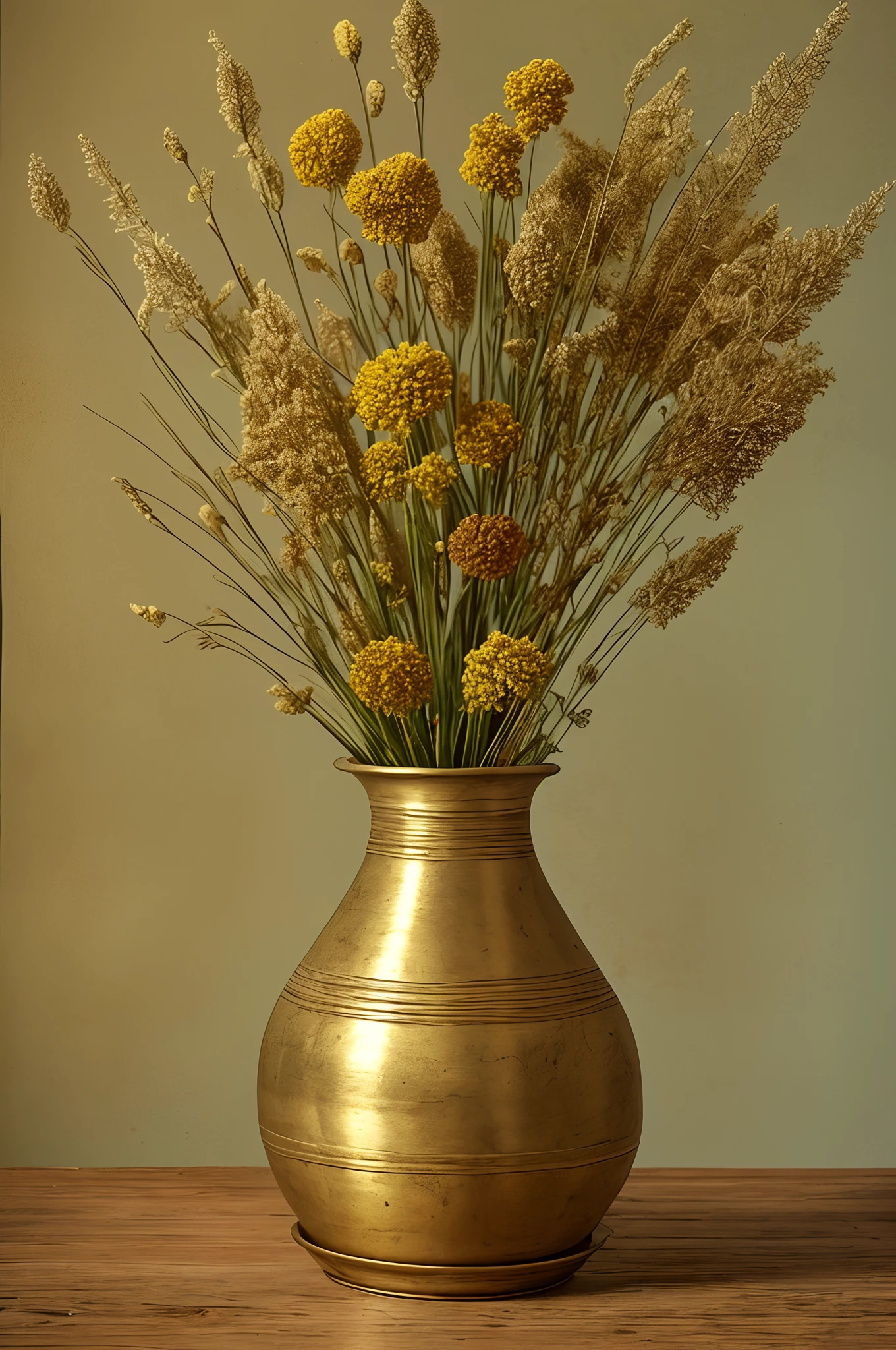 the bouquet washed of dried flowers in a vase, in the style of surrealist still lifes, yellow and gold, baroque-inspired still lifes, cinestill 50d, textural minimalism, orientalist influences, layered fibers --auto --s2