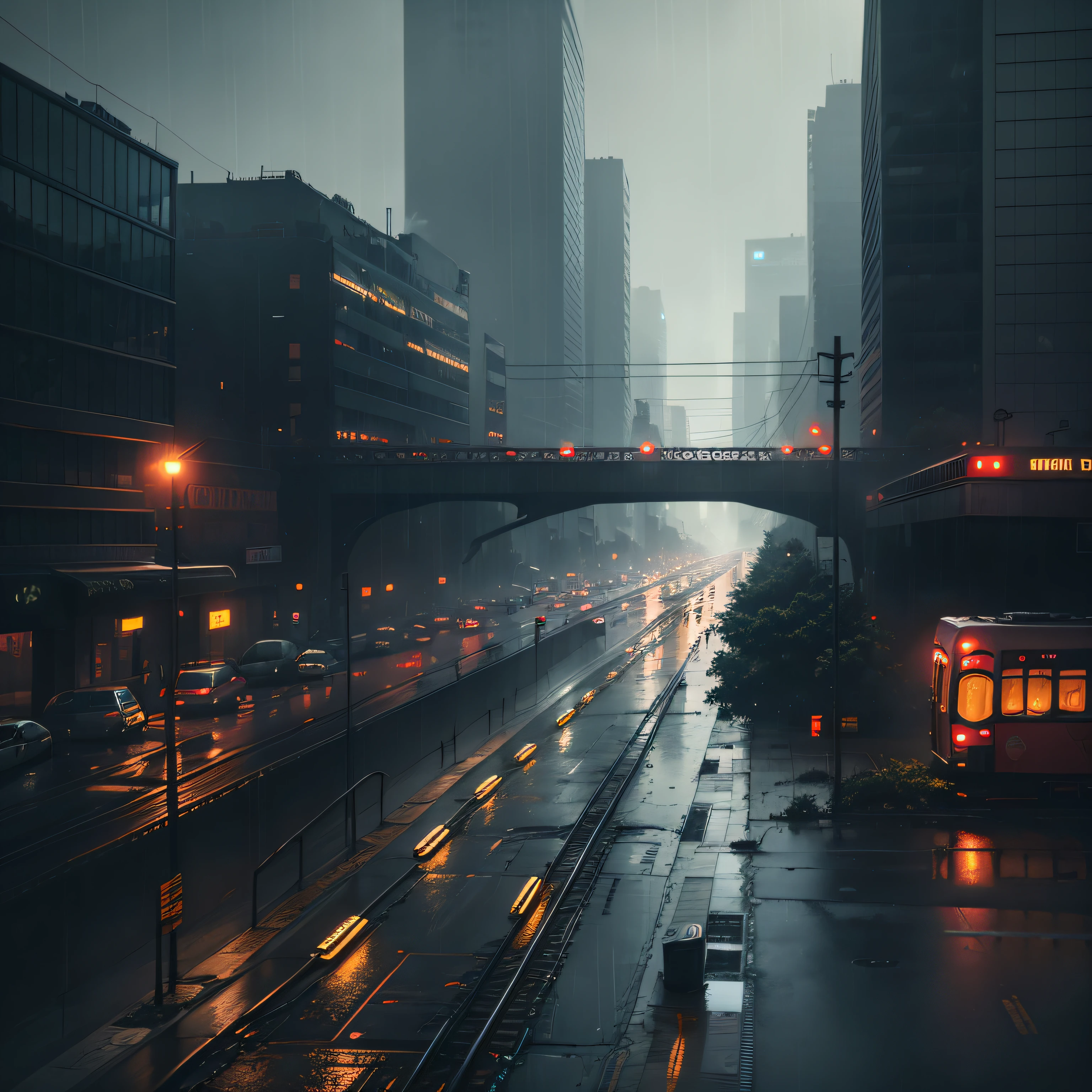 city, heavy rain, eerie, cyberpunk, lights, street, elevated train --auto