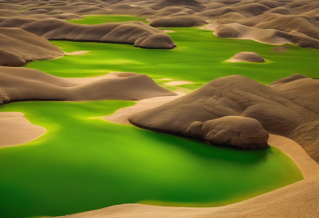 "Desert oasis",Sediment,springtime,rained,Fine green buds on the ground,The sun is bright