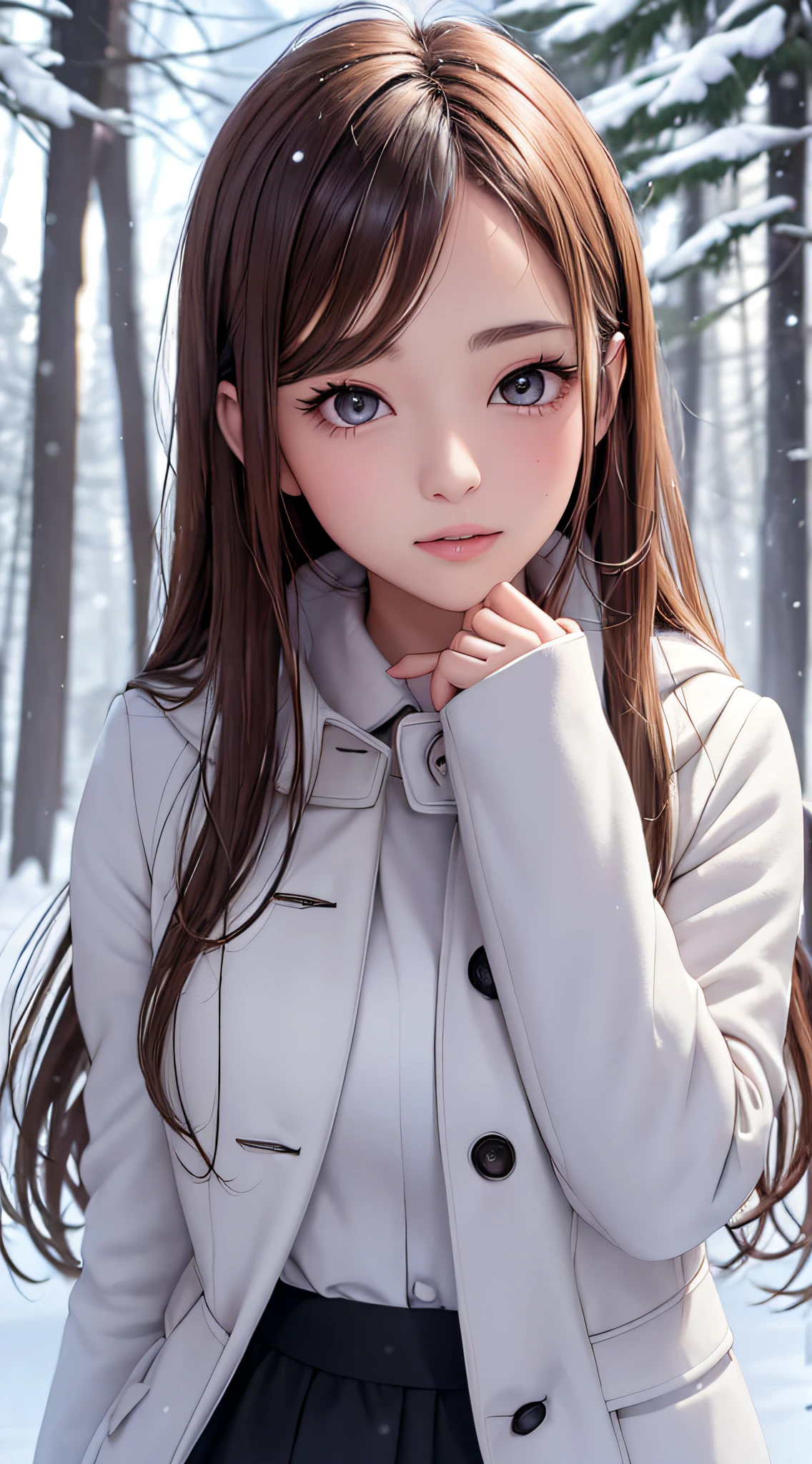 1womanl, up of face, light brown hair, Blunt bangs, hair behind ear, hair over shoulder, Long hair, slender body shape, Ultra Fine Face, Thin face, Delicate lips, Beautiful eyes, thin blush, eyes are light brown,View here, Ultra-thin hands, Ultra-fine fingers, best ratio four finger and one thumb, (realisitic:1.3), white longcoat, muffler , gloves、Coniferous forest with heavy snowfall, It's snowing .One-person viewpoint, 8K, masutepiece, nffsw, Super Detail, High quality, Best Quality, hight resolution,