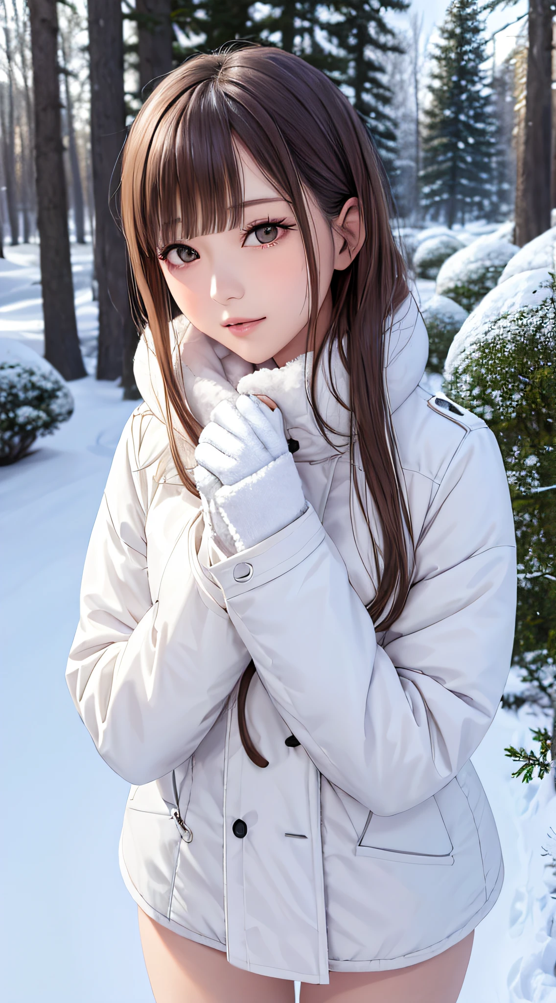 1womanl, up of face, light brown hair, Blunt bangs, hair behind ear, hair over shoulder, Long hair, slender body shape, Ultra Fine Face, Thin face, Delicate lips, Beautiful eyes, thin blush, eyes are light brown,View here, Ultra-thin hands, Ultra-fine fingers, best ratio four finger and one thumb, (realisitic:1.3), white longcoat, muffler , gloves、Coniferous forest with heavy snowfall, It's snowing .One-person viewpoint, 8K, masutepiece, nffsw, Super Detail, High quality, Best Quality, hight resolution,