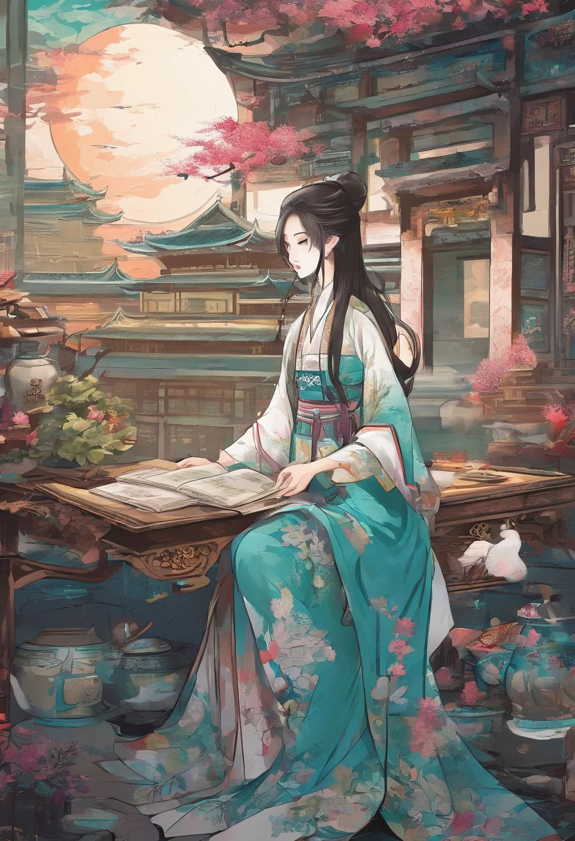 The beauty of China in the Song Dynasty,In front of her was a table,There is a cat under the table。There was a stack of books on the table,pen, ink and paper,Computer:1.2,high-class,big window,lots of plants,There is a moon at night