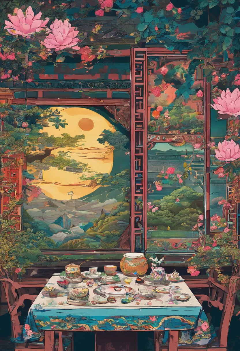The beauty of China in the Song Dynasty,In front of her was a table,There is a cat under the table。There was a stack of books on the table,pen, ink and paper,Computer:1.2,high-class,big window,lots of plants,There is a moon at night