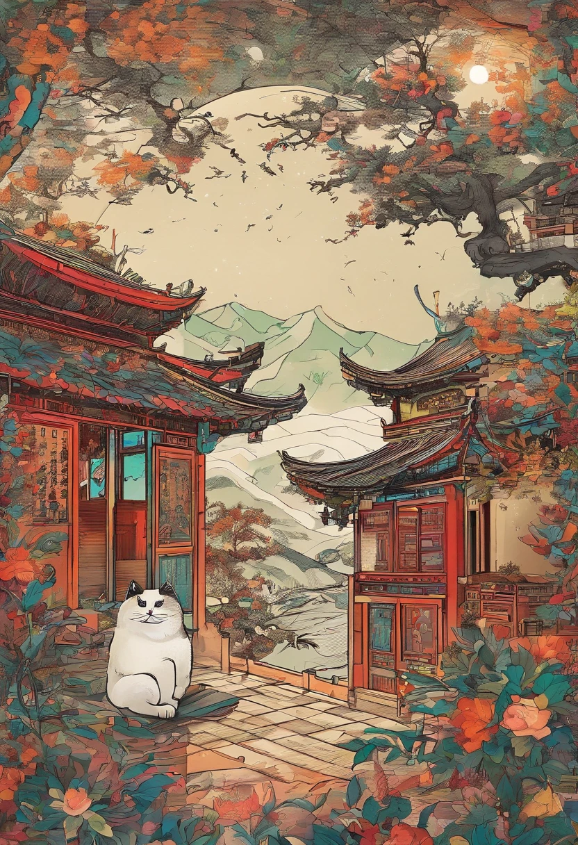 The beauty of China in the Song Dynasty,In front of her was a table,There is a cat under the table。There was a stack of books on the table,pen, ink and paper,Computer:1.2,high-class,big window,lots of plants,There is a moon at night