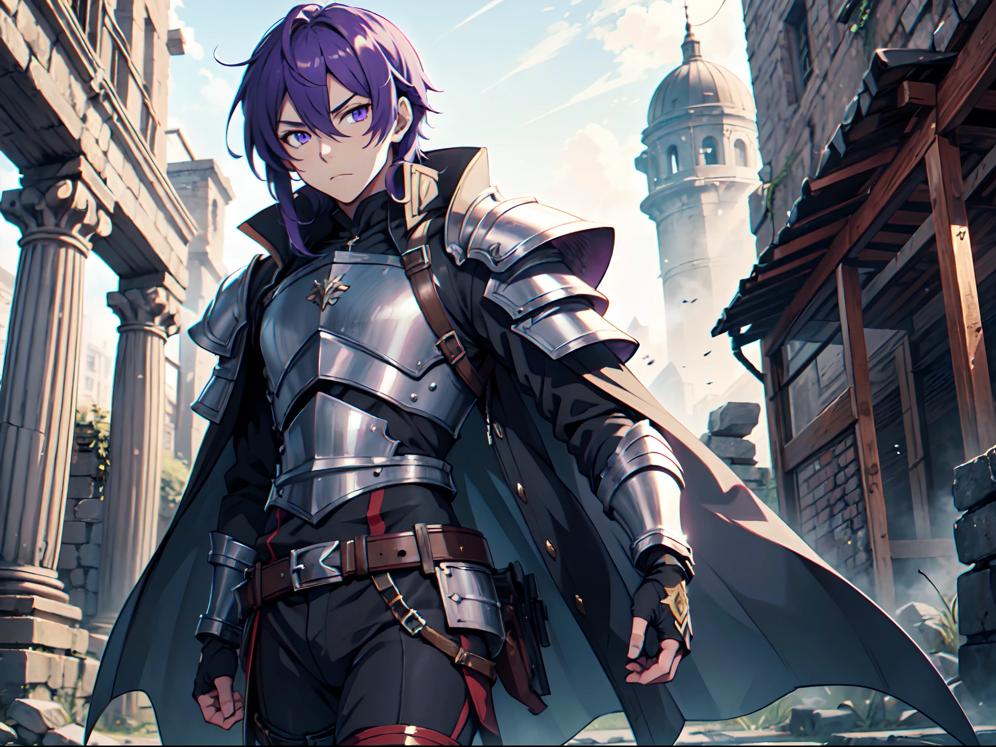 Ultra High Definition, Ultra High Quality, Extremely Detailed, 8k, 1 Boy, Rudeus Greyrat From Mushoku Tensei Anime, Handsome, Armored With War General Armor, Pure Purple Pupil Eyes, Long Haired Tied With Chinese Hairpin, Body To Legs Body Shot, Ancient Ruins Background,