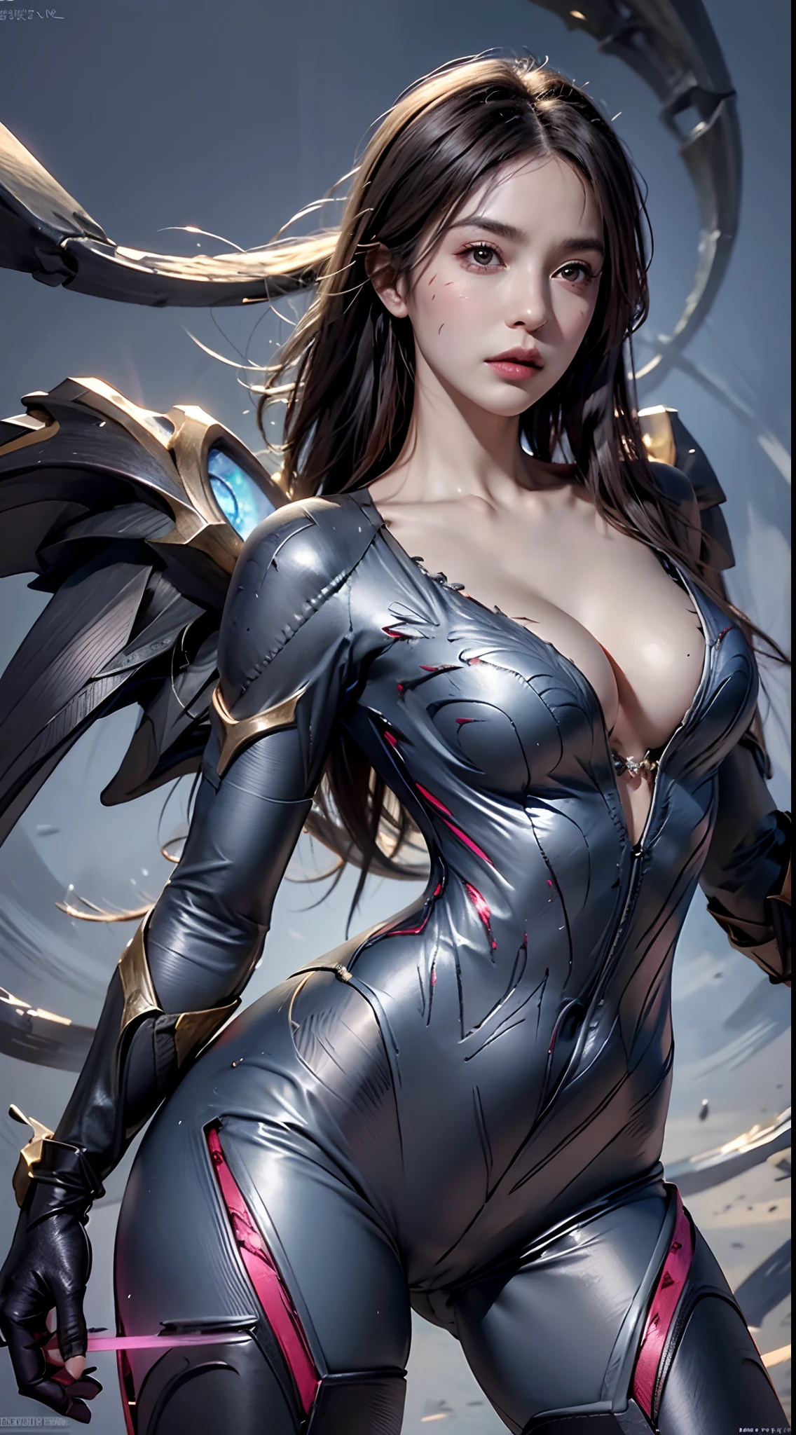 photorealistic, high resolution, 1women, mature female, solo, hips up, long hair, facial mark, bodysuit, skintight, cleavage, black hair, cowboy shot, collarbone, parted lips, weapon, void wings