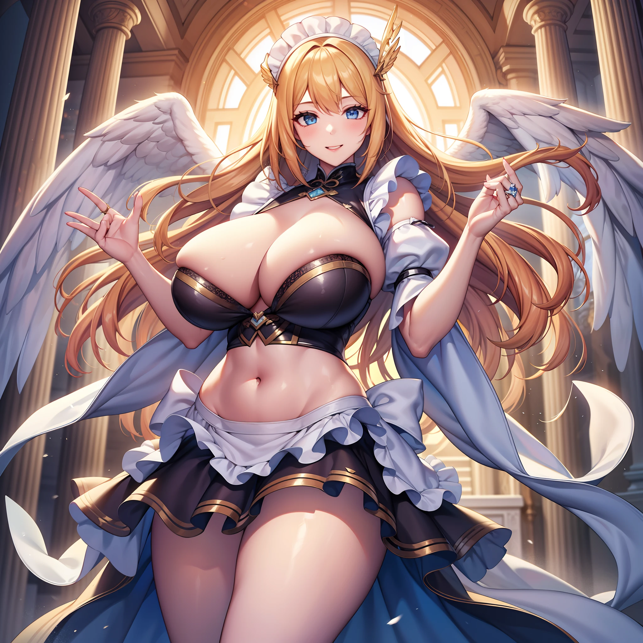 girl with, Costumes of ancient Chinese warlords, Medieval Maid Costume、Whole body, Sunshine, Clear face, 、red blush、Pleasantly excited face、Big、Fluffy breasts、thin and constricted waist、perfect body type、Clean white background, masutepiece, Super Detail, epic composition, Ultra HD, High quality, Extremely detailed, Official art, uniform 8k wallpaper, Super Detail, 32K、（​masterpiece:1.4）、（top-quality：1.4）、（Very cute angel girl、hyperdetailed face、Eyes Like Gems、white very long hair、Colorful gradient hair:1.4）、（ring of angels：
1.4）、（Angel wings：1.4）、（full bodyesbian、Perfect two arms、Perfect two legs:1.4）、Perfect four fingers:1 thumb、optic、brilliance、Bokeh、Ultra-fine witch、valkyrie、Angel wings、a navel、sideboob barbosa、Complexes、Particles of light、thighs thighs thighs thighs、shinny skin、Perfect litthing、1girl in、looking at the viewers、Winged headgear、pelvis curtain、a smile、(​masterpiece)、(top-quality)、Very gigantic-breasts、maternal、Porcelain skin、honey blonde hair、Very long hair、Wavy hair close-up photo, Confident young beautiful adult woman with blonde hair and white hair in ponytail, Maid in black and white ruffled clothes, で, Photorealistic, Cinematic lighting