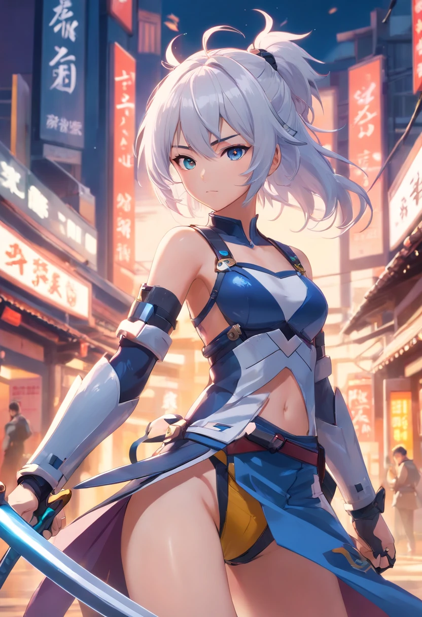 (masterpiece), best quality, perfect face, woman in a futuristic suit posing for a picture, female ninja, perfect hands, perfect fingers, perfect fit, perfect body, cyber japan style armor, cg artist, beautiful female, Kunoichi, game, honkai impact, cool action pose, tower of fantasy, super robot, frame arms girl, draw swords, white hair, battojutsu, full body, detailed background, detailed outfit, unreal engine, octane render, 8k, highest resolution, highly detailed, waifu, samurai, katana, guns