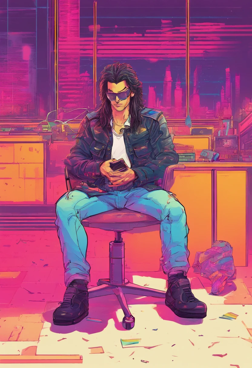 Male web engineer in his 30s, fair, Heart-shaped face with long hair, in a white shirt, Denim and black shoes, With school bag, Sitting on a chair, Talk to cops and detectives at the police station, from side view, terroral