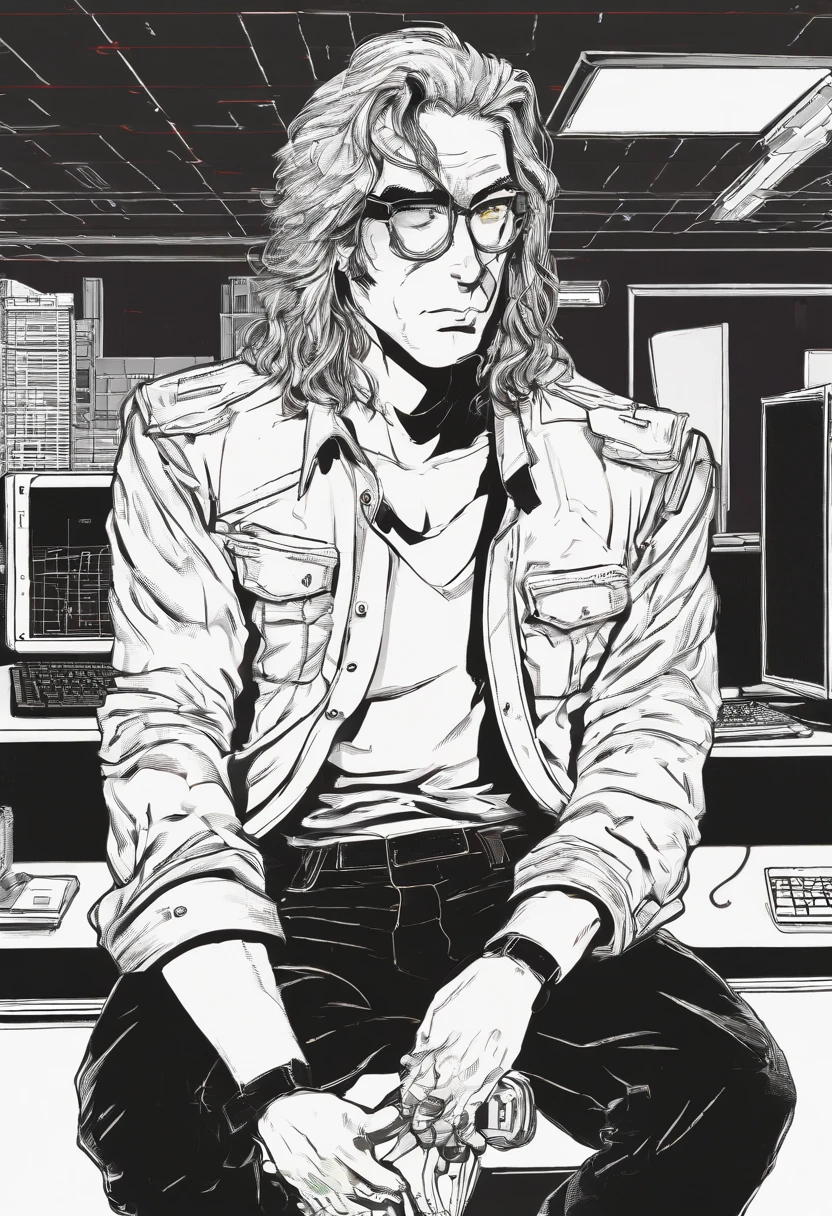 Male web engineer in his 30s, fair, Heart-shaped face with long hair, in a white shirt, Denim and black shoes, With school bag, Sitting on a chair, Talk to cops and detectives at the police station, from side view, terroral