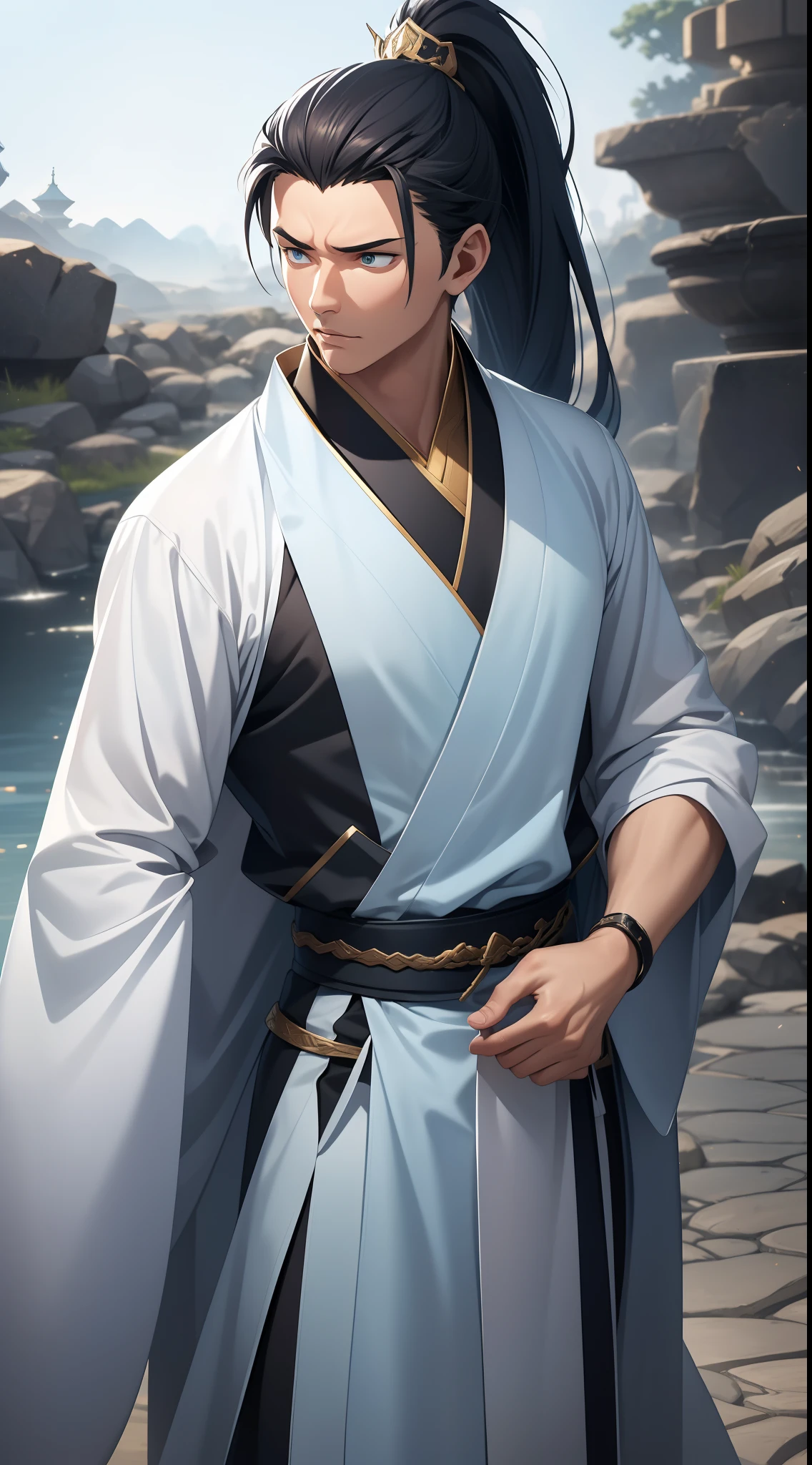 quadratic element,style of anime,mtu(Male Warrior),The proportions are correct,Face details,swordsmen,High ponytail hairstyle,Neck details,There is an Adam's apple,Blue suit,kaftan,long blue robes,clothes details,Handing over,longer sleeves,Game quality,Swordsmanship,Light and shadow tracking,Ray traching,detailed glow,cg render,hair detail,Blue long hair,blue colored eyes,Handsome,Handsome,(juvenile sense),Clothing is complicated,Perfectcomposition,Refinement,high qulity,higher details,Lots of details,The background is complex,a sense of atmosphere,