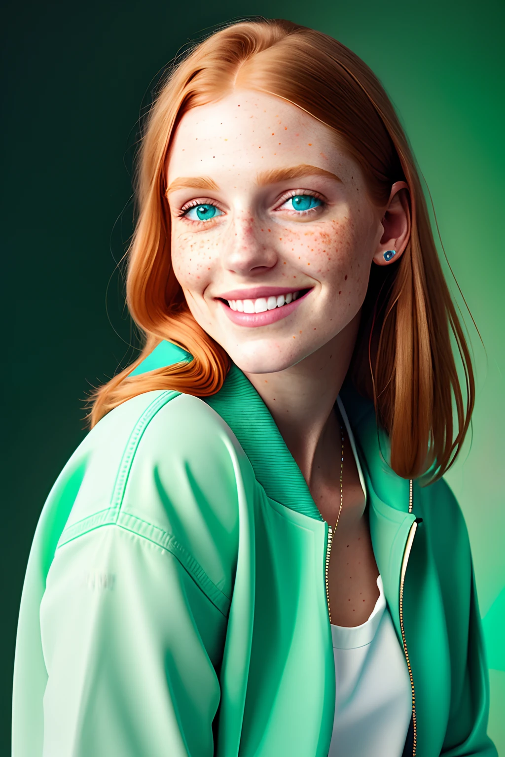 Portrait of a beautiful smiling woman with freckles, red straight shoulder-length hair, green-blue eyes, in a mint-colored jacket, space theme, cynthwave, watercolor painting on canvas, Trends in art, dramatic lighting, pastel shades of tone (HD) golden ratio details aesthetics octane number render excellent composition natural textures 8k oil painting masterpiece canon eos r4s 50