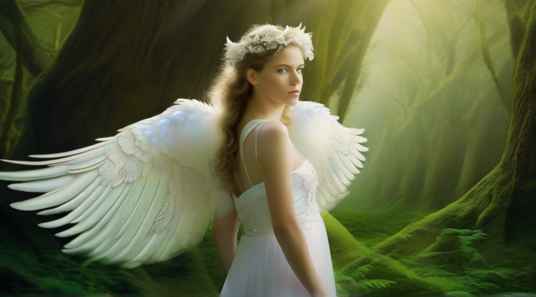 portrait of  beautiful young female white angel , massive white feathered wings, mystical forest (elf:1.2) enchanting emerald green woodland, dappled sunlight (ethereal:1.1) (fantasy:1.2) (vibrant:1.1) (magical atmosphere) (ancient trees) (whimsical:1.2) (moss-covered) (ethereal creatures) (luminous) (mysterious:1.1) (fairy realm) (soft focus) (dreamlike)hdr, ((intricate details, hyperdetailed)), cinematic shot, vignette, highly detailed, INTRICATE, photo realistic, cinematic lighting,Gerald Brom,