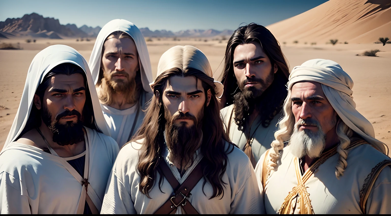 Um retrato de Jesus em 16:9 resolution with blue eyes, cabelos pretos dourados, with his 12 disciples in the desert, e uma atmosfera de fantasia sonhadora, and film photography with film grain and extreme detail, de frente, olhos azuis, cabelos pretos longos, barba,