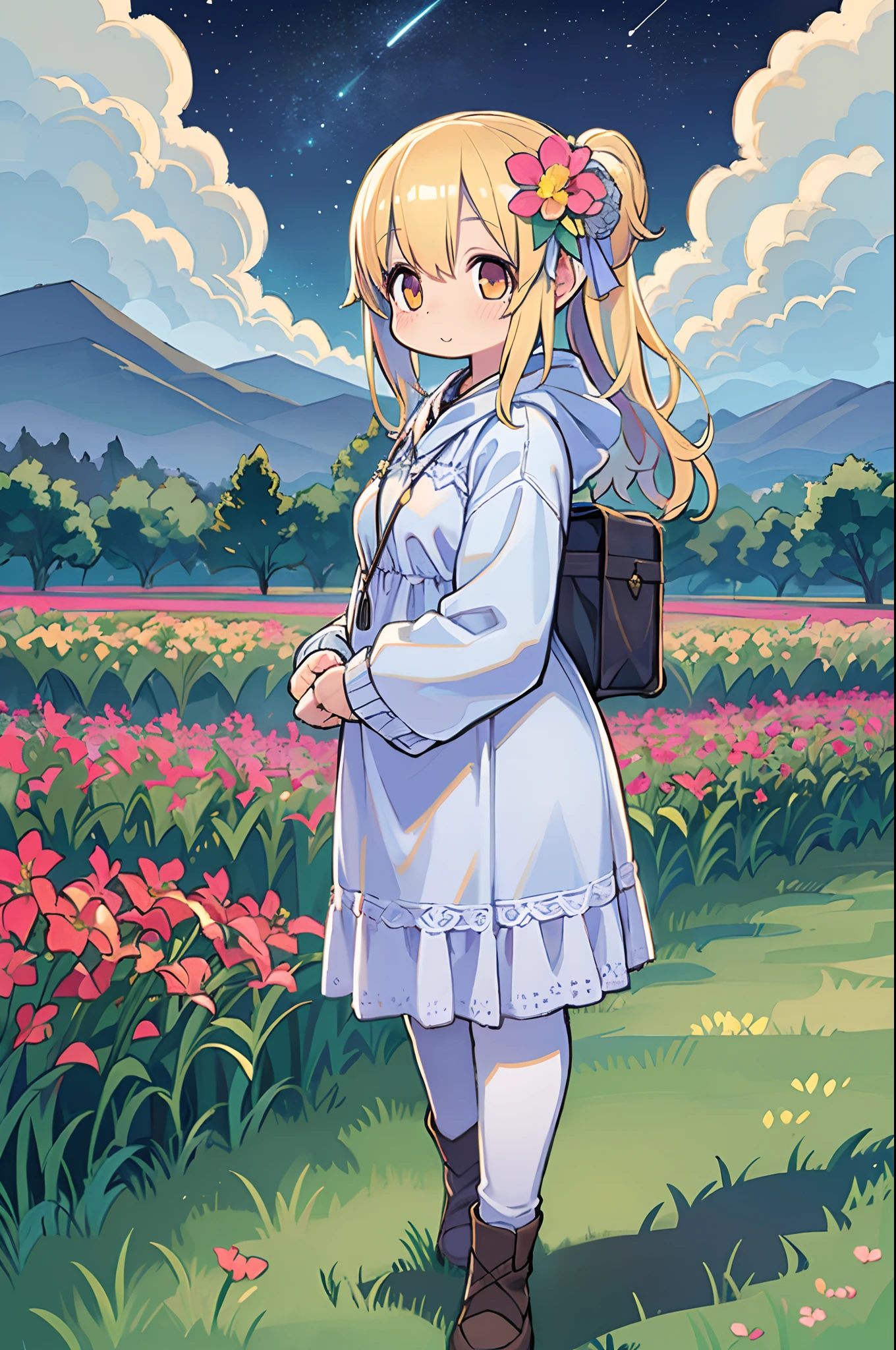 There is a girl standing in a flower field and looking up at the sky, Girl Standing In A Flower Garden, girl walking in flower field, Lost in Dreamy Wonderland, stands in a flowering field, Awesome digital painting, Sky is Xu々It will be sunny to, Starry sky is Xu々Retreat to