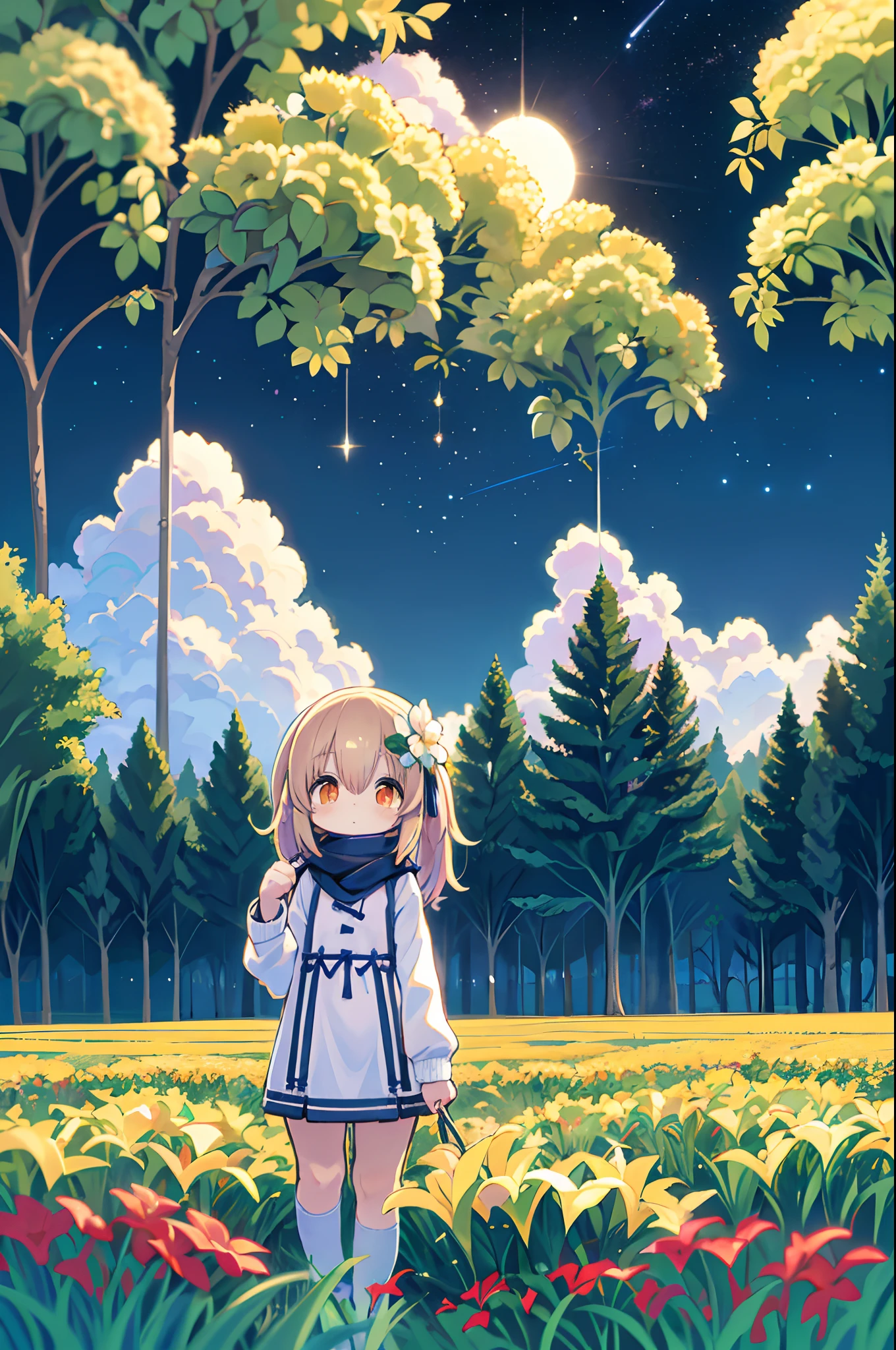 There is a girl standing in a flower field and looking up at the sky, Girl Standing In A Flower Garden, girl walking in flower field, Lost in Dreamy Wonderland, stands in a flowering field, Awesome digital painting, Sky is Xu々It will be sunny to, Starry sky is Xu々Retreat to