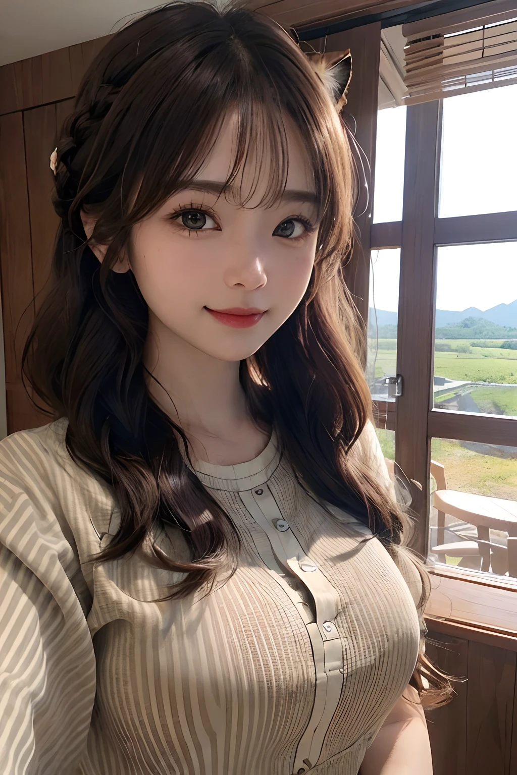(frombelow:1.4)、((1girl in)),Light Brown Fringe Hair、Braided hair、disheveled hair、Light brown eyes、(A smile)、(爆乳:1.4)、Emphasize the valley、fittingroom、(Photorealsitic)、(intricate detailes:1.2)、(masterpiece、:1.3)、(top-quality:1.4)、(超A high resolution:1.2)、超A high resolution、(A detailed eye)、(detailed facial features)、(Shirt with a large tiger face in the middle:1.7)、(hurrah:1.3)、Photorealsitic、(Shadow:1.1)