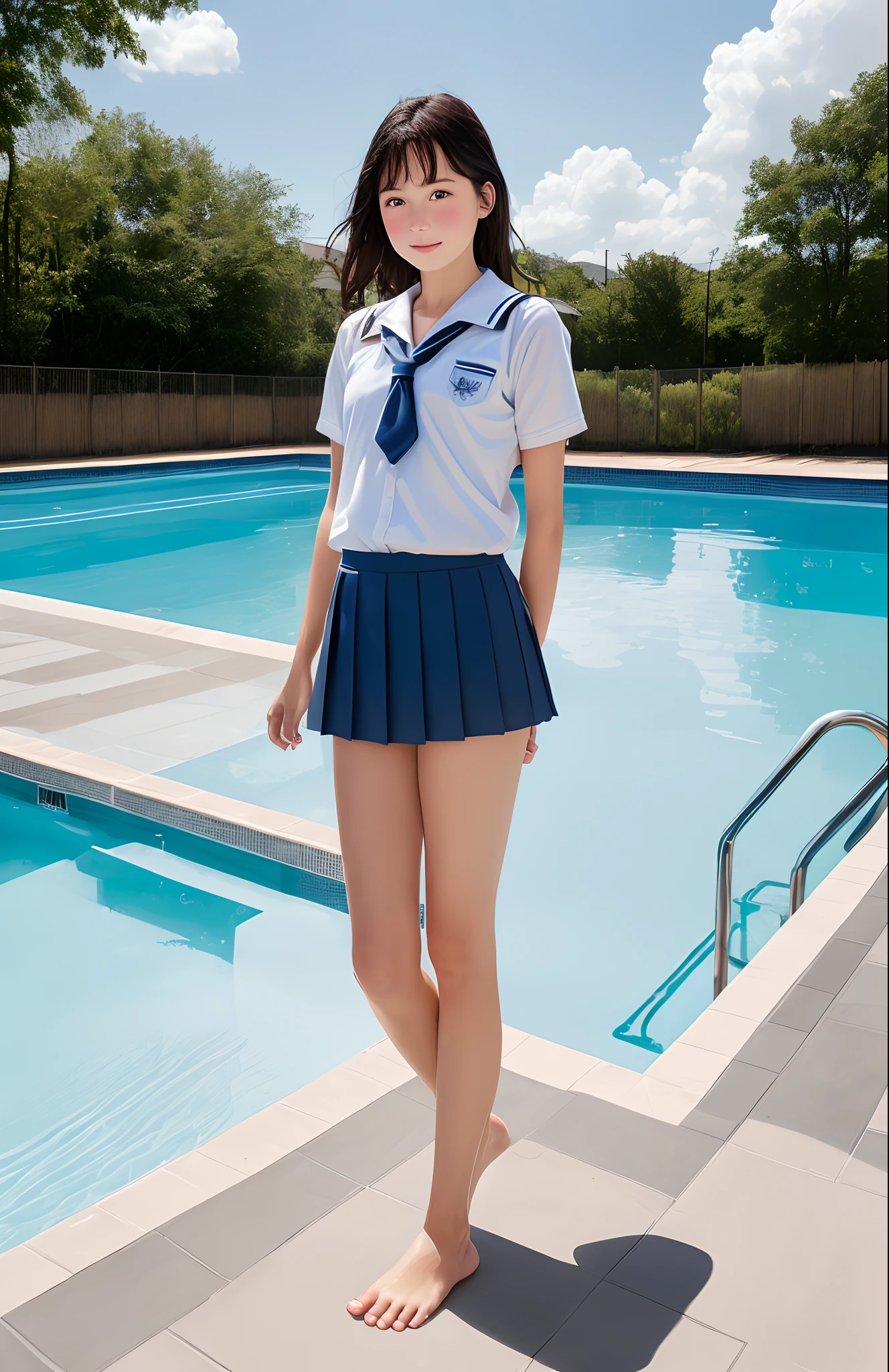 photoreal, schoolgirl, schoolgirl uniform, summer, blue sky, barefoot, sandal, washing swimming pool, school swimware, peeing