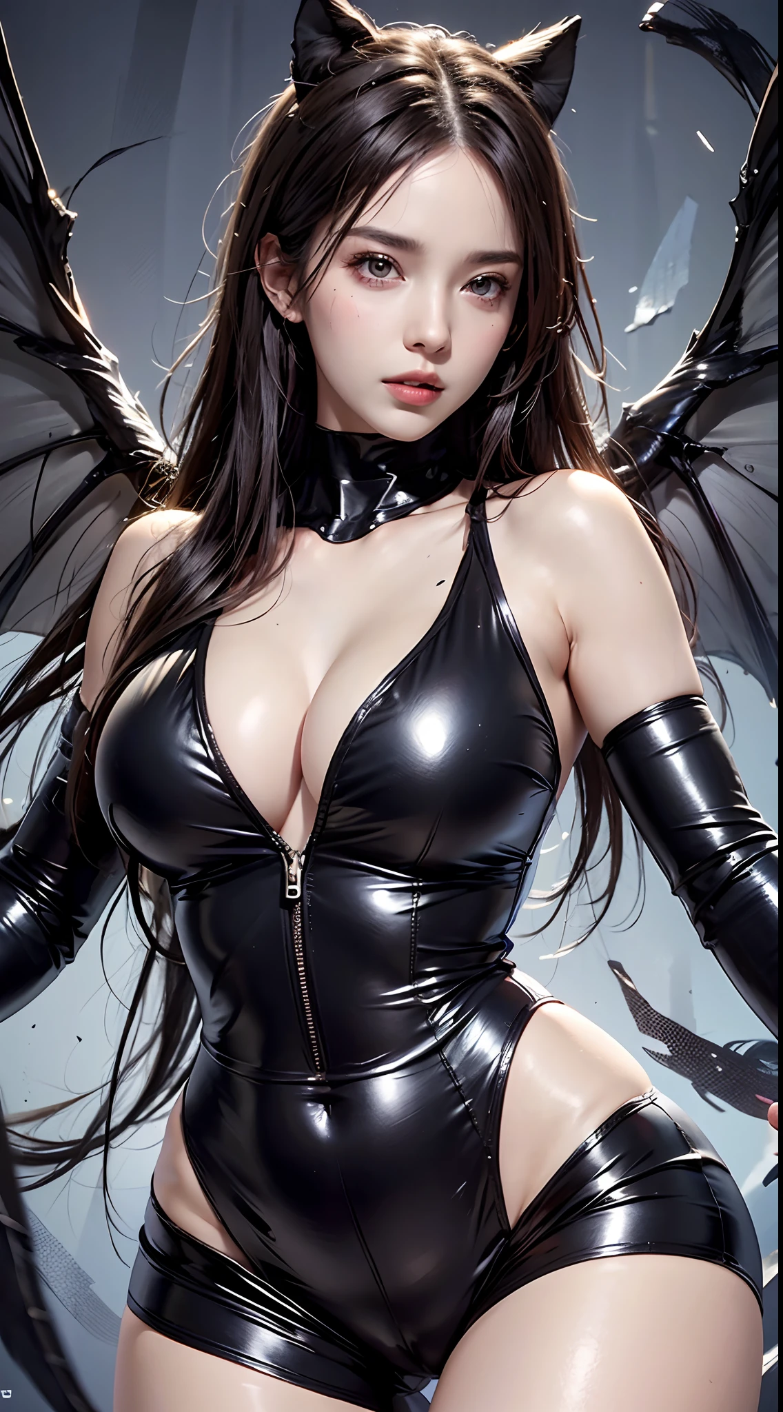 photorealistic, high resolution, 1women, mature female, solo, hips up, long hair, facial mark, bodysuit, skintight, cleavage, black hair, collarbone, parted lips, weapon, void wings