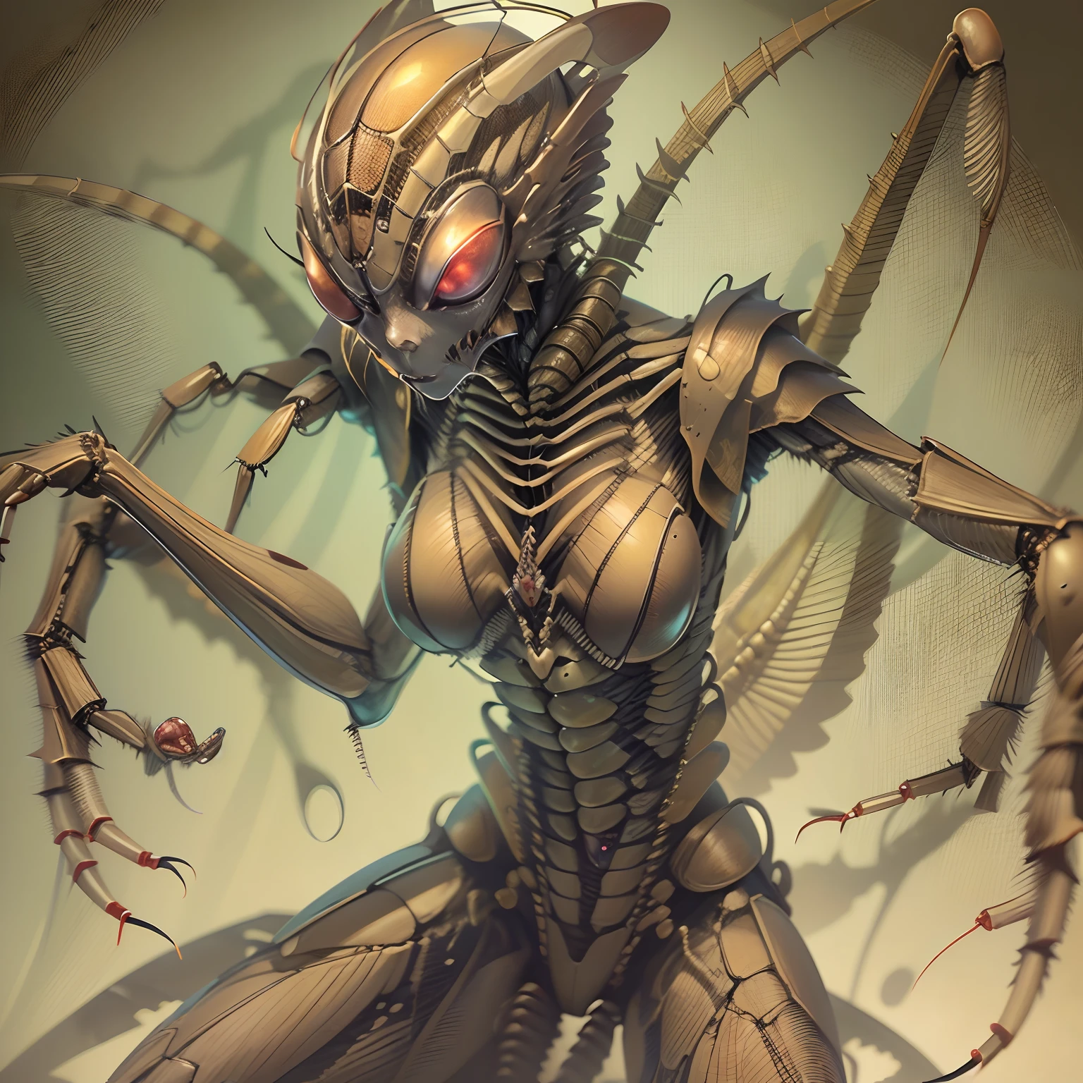 Cartoon photo of a woman in a praying mantis costume attacking with a sickle、Hot insect humanoid female、Cel Shade Adult Animation、Alien Queen、A woman who combines creepiness and beauty、Atrocious、offensive、brutality、Both hands are sickles、Full body
