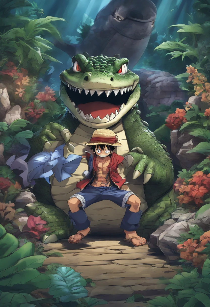 criar um papel de parede FHD com minhas pessoas favoritas de animes: one-piece crocodile, Warbandit de Medabots, Gengar de pokémon