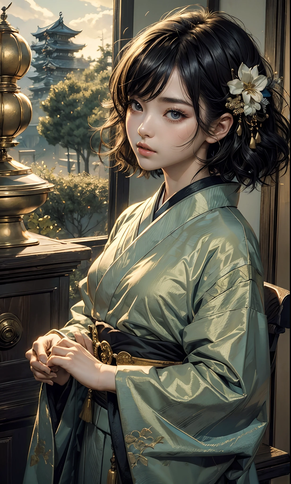 ((top-quality、masterpiece:1.3))、sharp:1.2、Perfect Body Beauty:1.4、((Layered hairstyle))、(Kimono:1.1)、(shrines:1.2)、Highly detailed facial and skin texture、Detailed eye、二重まぶた、((short-length hair))、boyish、Cool、((unisex))、big eye、bangss、((One Woman))、Black eyes、tying hair、hair adornments、
