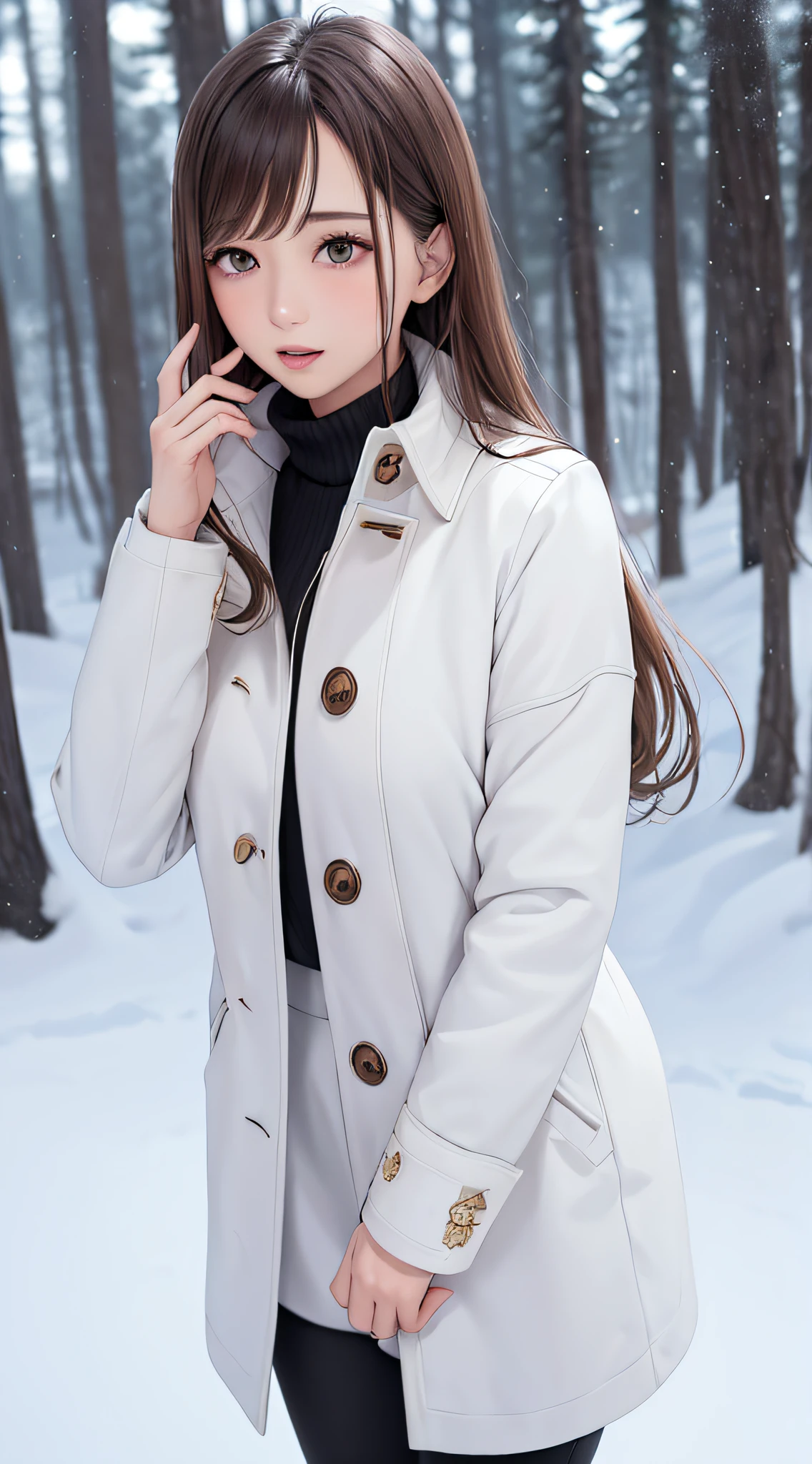 1womanl, up of face, light brown hair, Blunt bangs, hair behind ear, hair over shoulder, Long hair, slender body shape, Ultra Fine Face, Thin face, Delicate lips, Beautiful eyes, thin blush, eyes are light brown,View here, Ultra-thin hands, Ultra-fine fingers, best ratio four finger and one thumb, (realisitic:1.3), white longcoat, muffler , gloves、Coniferous forest with heavy snowfall, It's snowing .One-person viewpoint, 8K, masutepiece, nffsw, Super Detail, High quality, Best Quality, hight resolution,