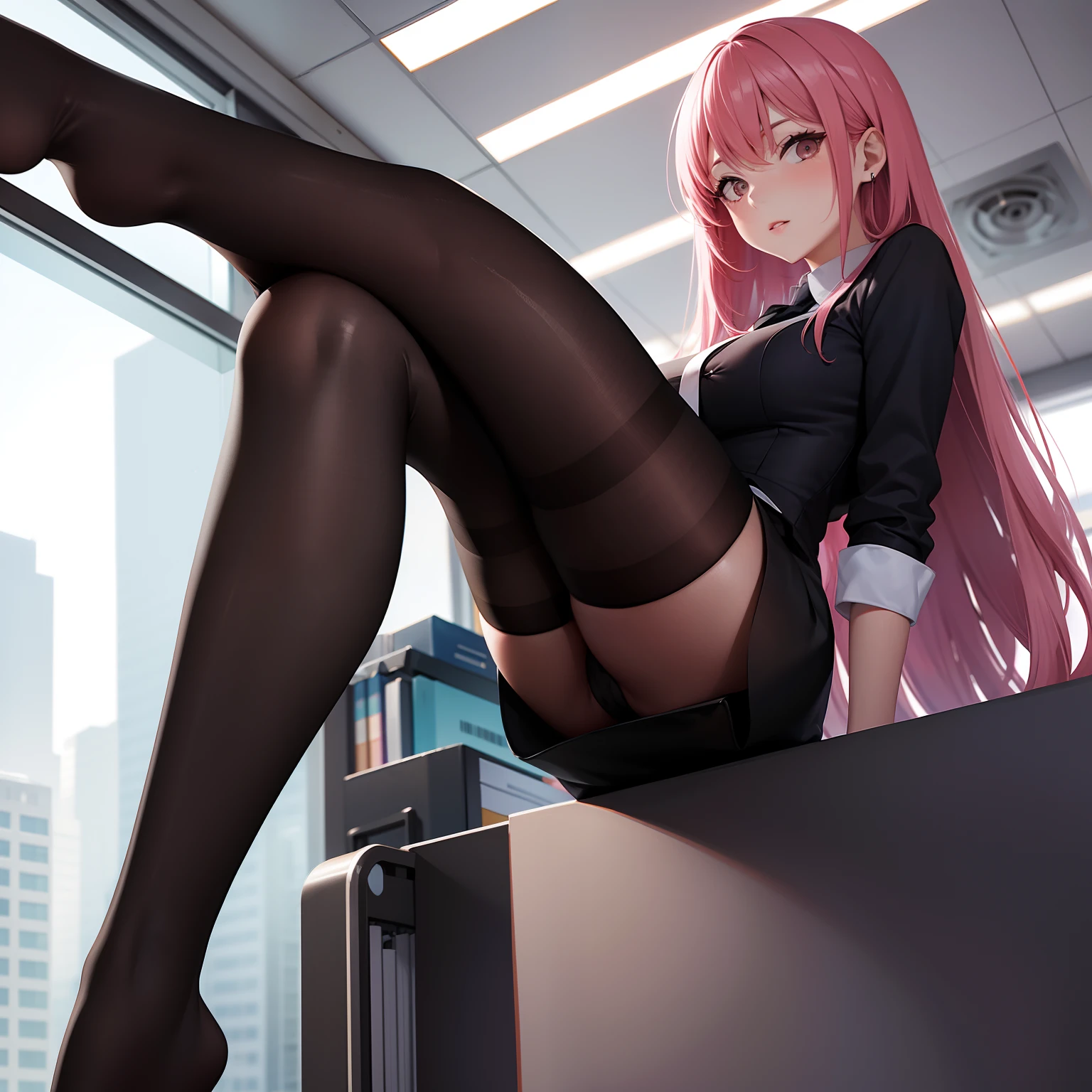 Office Lady, Black stockings, Miniskirt, Long pink hair, Retirement, Solo, Office, Looking at Viewer, Front view,