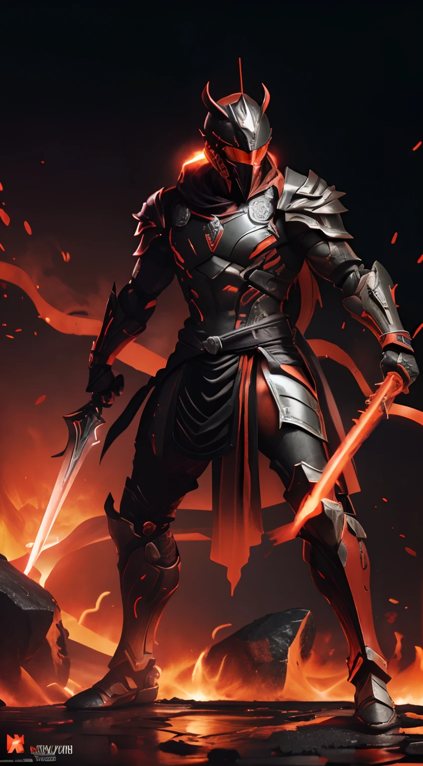 (action figure of Spartan Warrior in a warframe style armor with a black sword), (red, black, and neon orange color scheme), (red spartan armor, spiral-horned Spartan helmet with black flowing cloak), plastic material with metallic coating, (red volcano terrain with lava background), centered, full body shot, (dynamic action stance pose), vibrant colors, visible figure joints, cinematic shot, volumetric lighting, intricate pattern detail, highly detailed