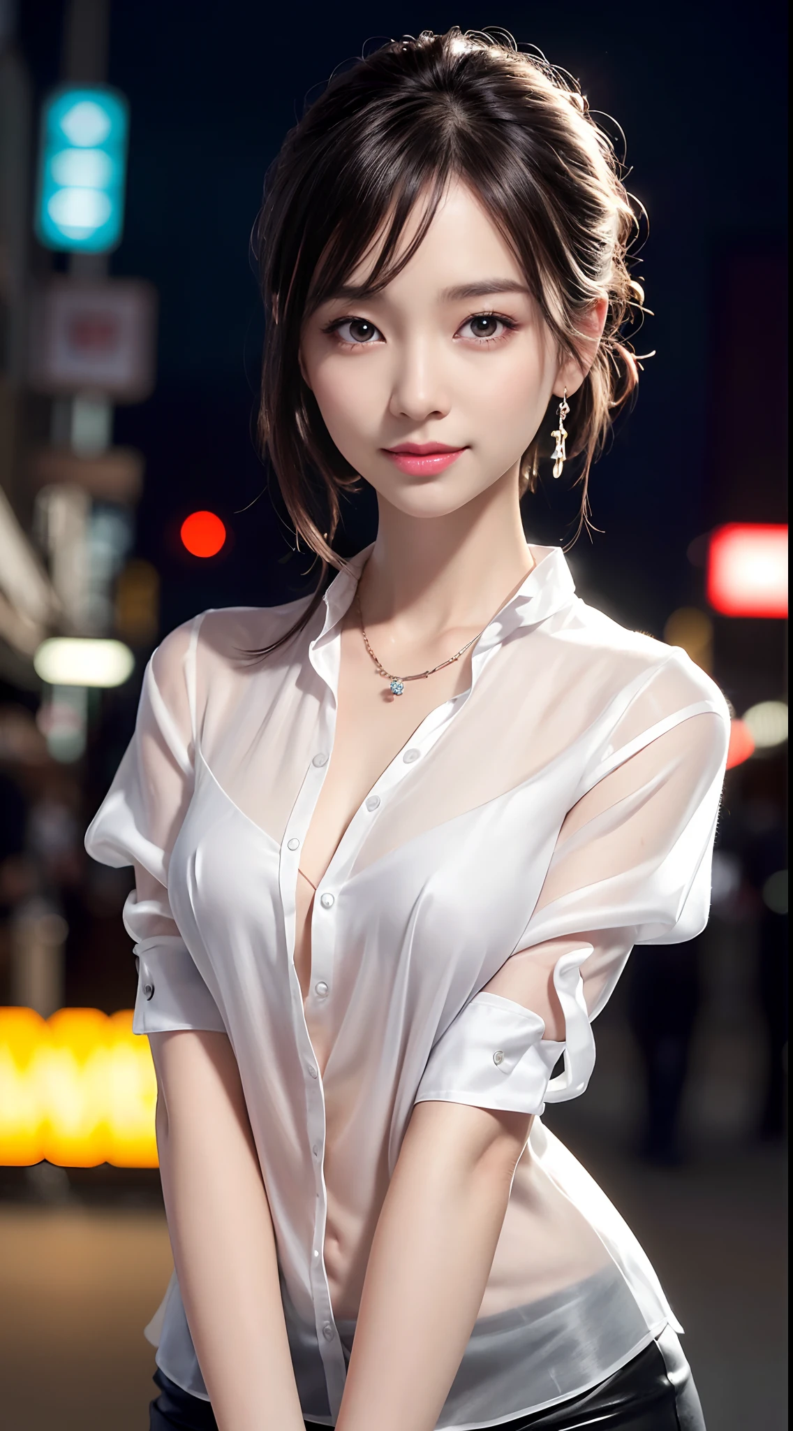 8k, masterpiece, RAW photo, best quality, photorealistic, extremely detailed CG unity 8k wallpaper, Depth of field, Cinematic Light, Lens Flare, Ray tracing, (extremely beautiful face, beautiful lips, beautiful eyes), intricate detail face, ((ultra detailed skin)) 1girl, in the dark, deep shadow, pretty korean girl, kpop idol,(very slim slender fit-muscled body), ((looking at viewer)),(big smile), (city night, (neon sign), (blurry background), midnight, pretty korean girl, white diamond earrings, bracelets, necklace, clear eyes, (pale skin), face forward, (big eyes), ((close up shot)), (updo hair )(looking at viewer), medium breasts,((smile)), (see through), ((laced top)), ( very slim), (silk shirts)