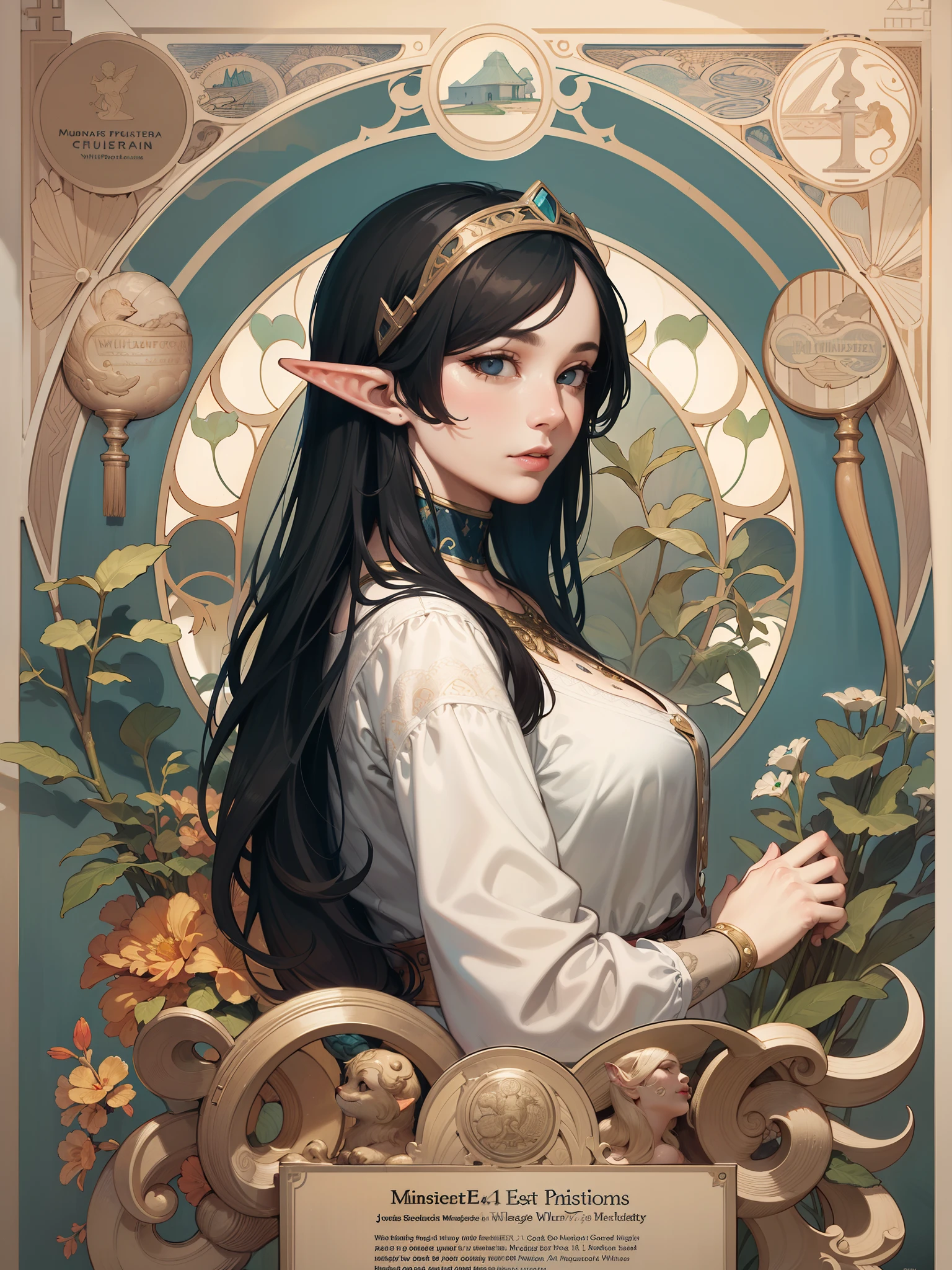 (Masterpiece, Best Quality, Highres:1.4 image of Elf woman), Detailed, Intricate Details, 4K, line art, Art Nouveau style, influence by John William Waterhouse and Alphons Mucha