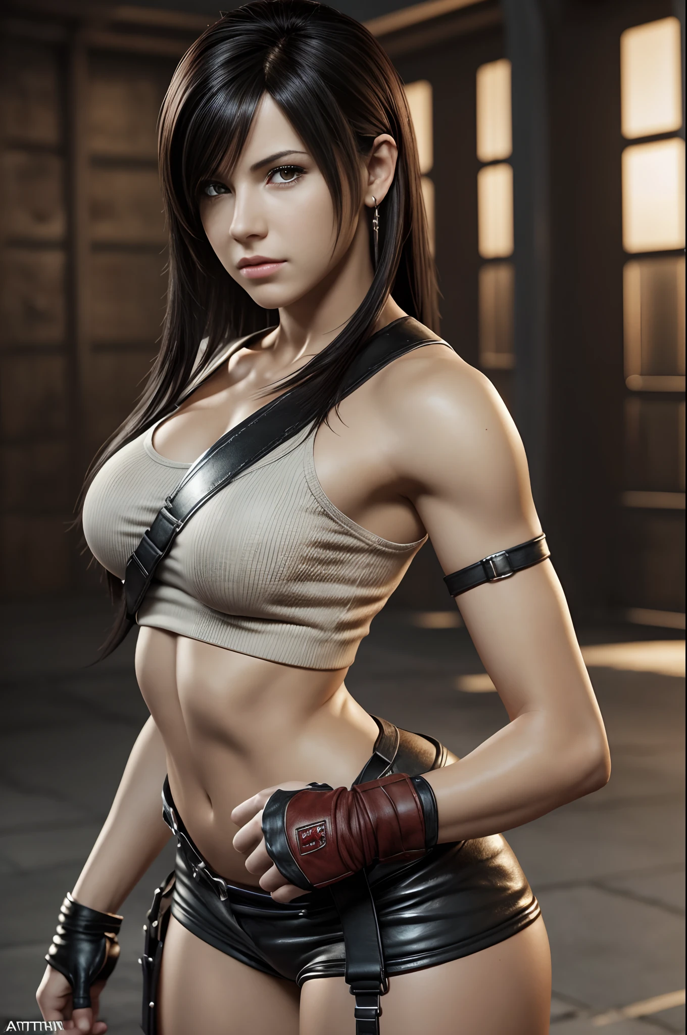 Tifa Lockhart, (skin texture:1.1), (high detail face:1.1), high detail body, high detail clothes, (masterpiece), (realistic), ultra high definition, 4k, ultra high resolution, photo by Arny Freytag