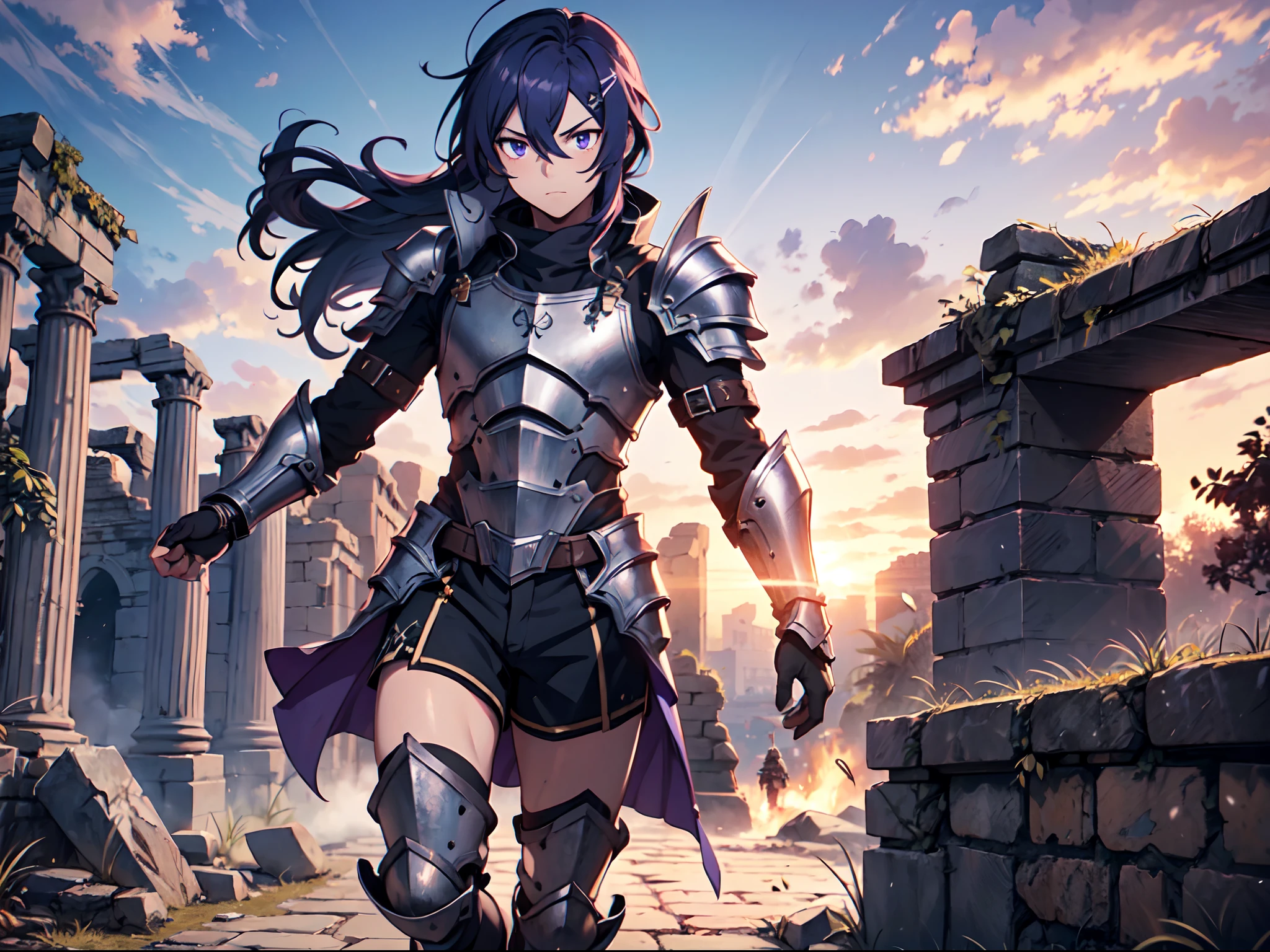 Ultra High Definition, Ultra High Quality, Extremely Detailed, 8k, 1 Boy, Rudeus Greyrat From Mushoku Tensei Anime, Handsome, Armored With War General Armor, Pure Purple Pupil Eyes, Long Haired Tied With Chinese Hairpin, Body To Legs Body Shot, Ancient Ruins Background,