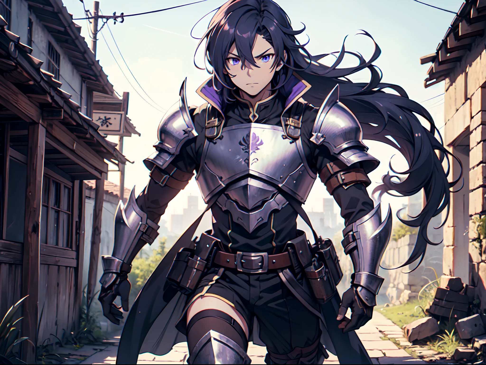 Ultra High Definition, Ultra High Quality, Extremely Detailed, 8k, 1 Boy, Rudeus Greyrat From Mushoku Tensei Anime, Handsome, Armored With War General Armor, Pure Purple Pupil Eyes, Long Haired Tied With Chinese Hairpin, Body To Legs Body Shot, Ancient Ruins Background,