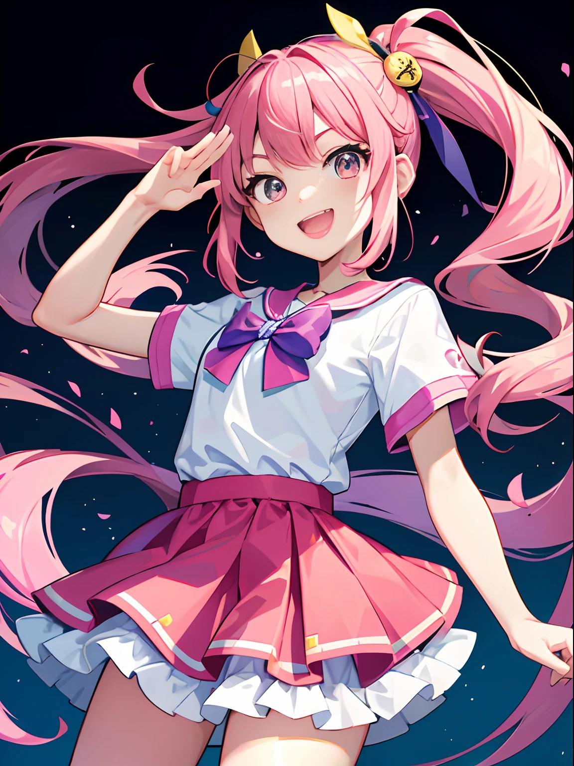 (((tmasterpiece))),comic book illustration.Lively and cute girl,having fun,cheerfulness,Genki girl,kawaiitech, kawaii,。Big bright eyes,Colorful double ponytail,Cross your hands at the waist,夏天,white short sleeve,Short pink skirt,8K,clean backdrop