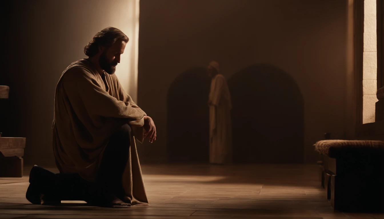 A man from the time of Jesus talking to the boss, kneeling on the floor, asking for forgiveness. obra-prima, melhor qualidade