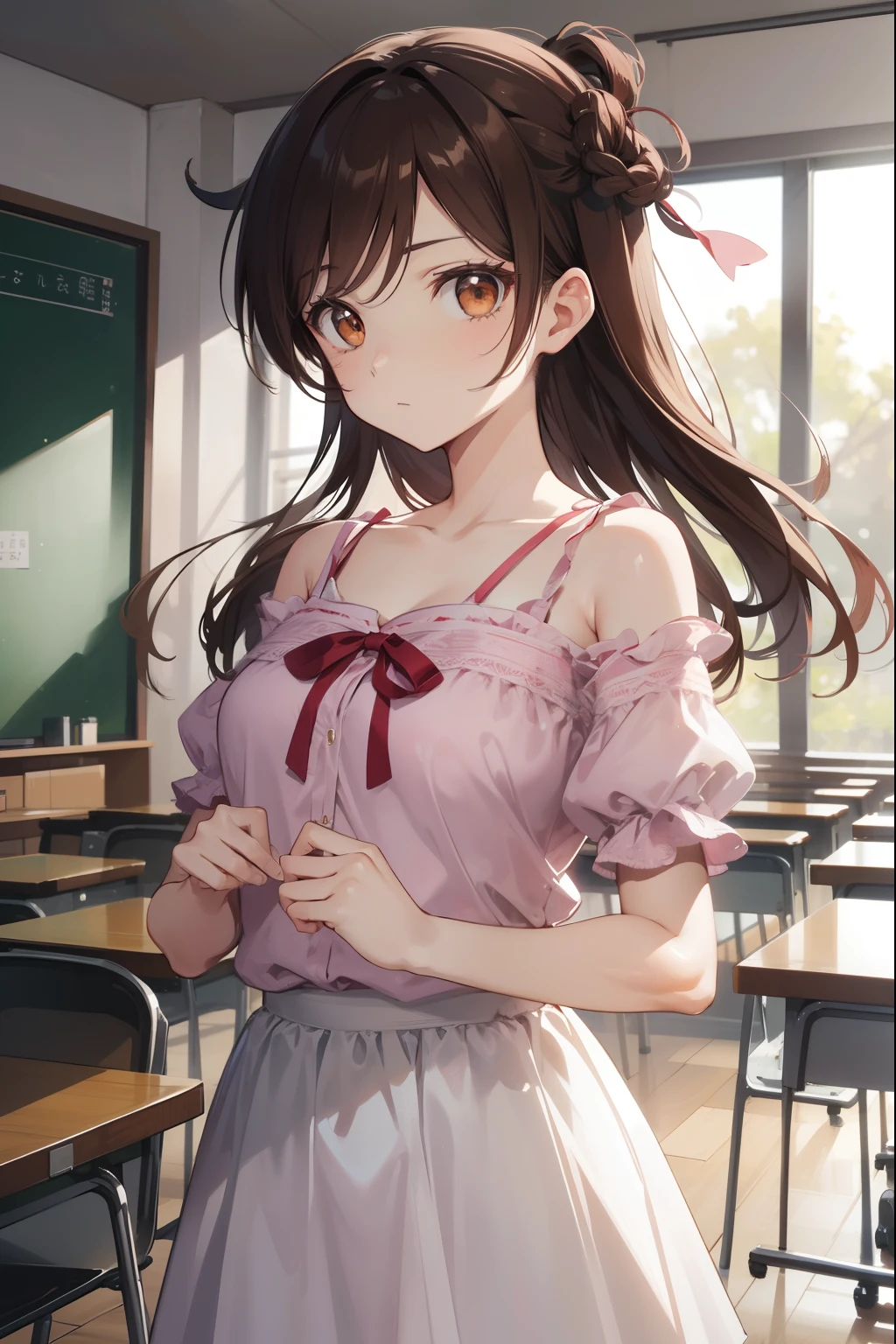 mizuharachizuru, mizuhara chizuru, (brown eyes:1.5), brown hair, long hair, (one side up:1.2),
BREAK bare shoulders, collarbone, pink shirt, puffy short sleeves, puffy sleeves, red bow, shirt, short sleeves, skirt, white skirt,
BREAK indoors, classroom,
BREAK looking at viewer, 
BREAK (masterpiece:1.2), best quality, high resolution, unity 8k wallpaper, (illustration:0.8), (beautiful detailed eyes:1.6), extremely detailed face, perfect lighting, extremely detailed CG, (perfect hands, perfect anatomy),