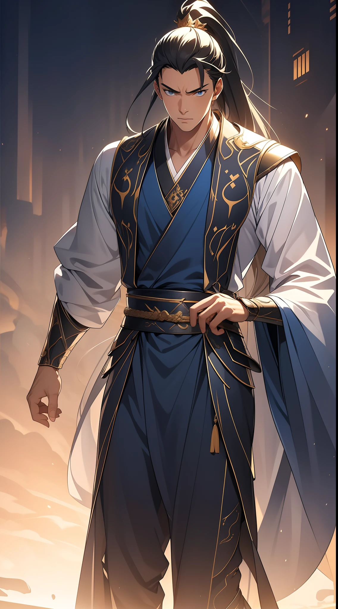 quadratic element，style of anime，mtu（Male Warrior），The proportions are correct，Face details，swordsmen，High ponytail hairstyle，Neck details，There is an Adam's apple，Blue suit，kaftan，long blue robes，clothes details，Handing over，longer sleeves，Game quality，Swordsmanship，Light and shadow tracking，Ray traching，detailed glow，cg render，hair detail，Black long hair，blue colored eyes，Handsome，Handsome，（juvenile sense），Clothing is complicated，Perfectcomposition，Refinement，high qulity，higher details，Lots of details，The background is complex，a sense of atmosphere，