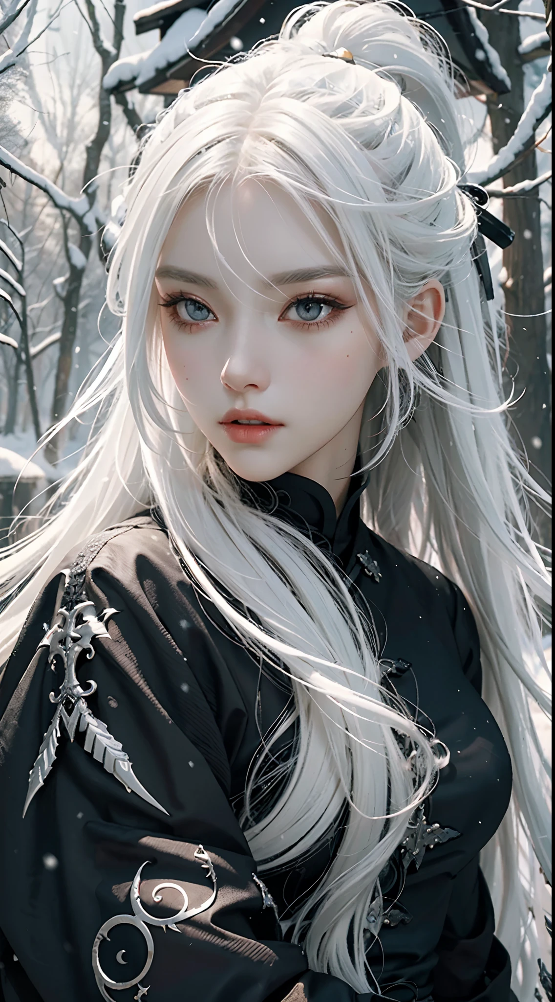 a close up of a person with white hair and a sword, white haired deity, with white long hair, with long white hair, artwork in the style of guweiz, white haired, guweiz, handsome guy in demon slayer art, beautiful character painting, by Yang J, white-haired, guweiz on pixiv artstation, anime character,black clothing,in the forest,snow,chignon