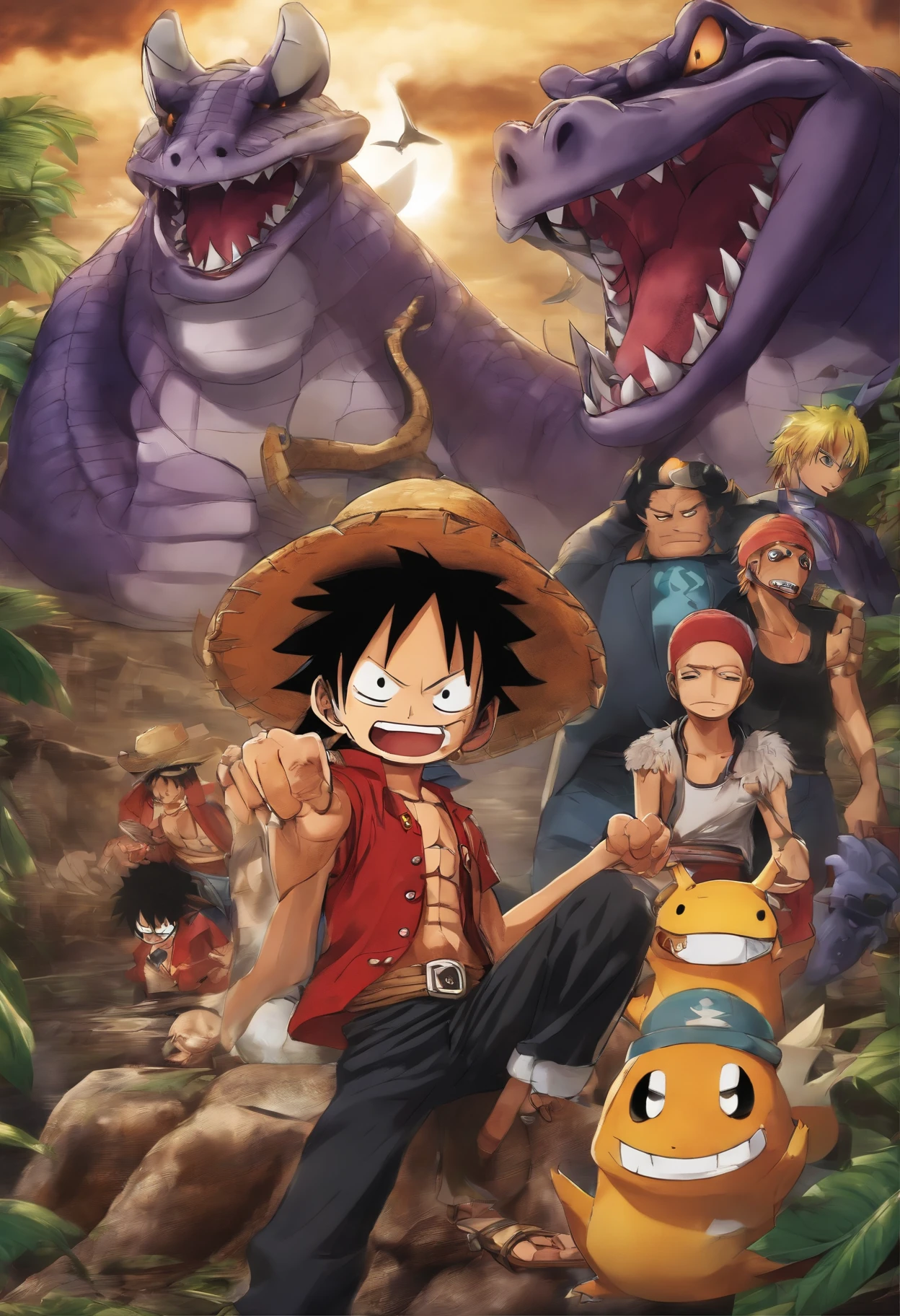 create one wallpaper FHD with my favorite persons of animes: crocodile of one piece, warbandit of medabots, gengar of pokemon