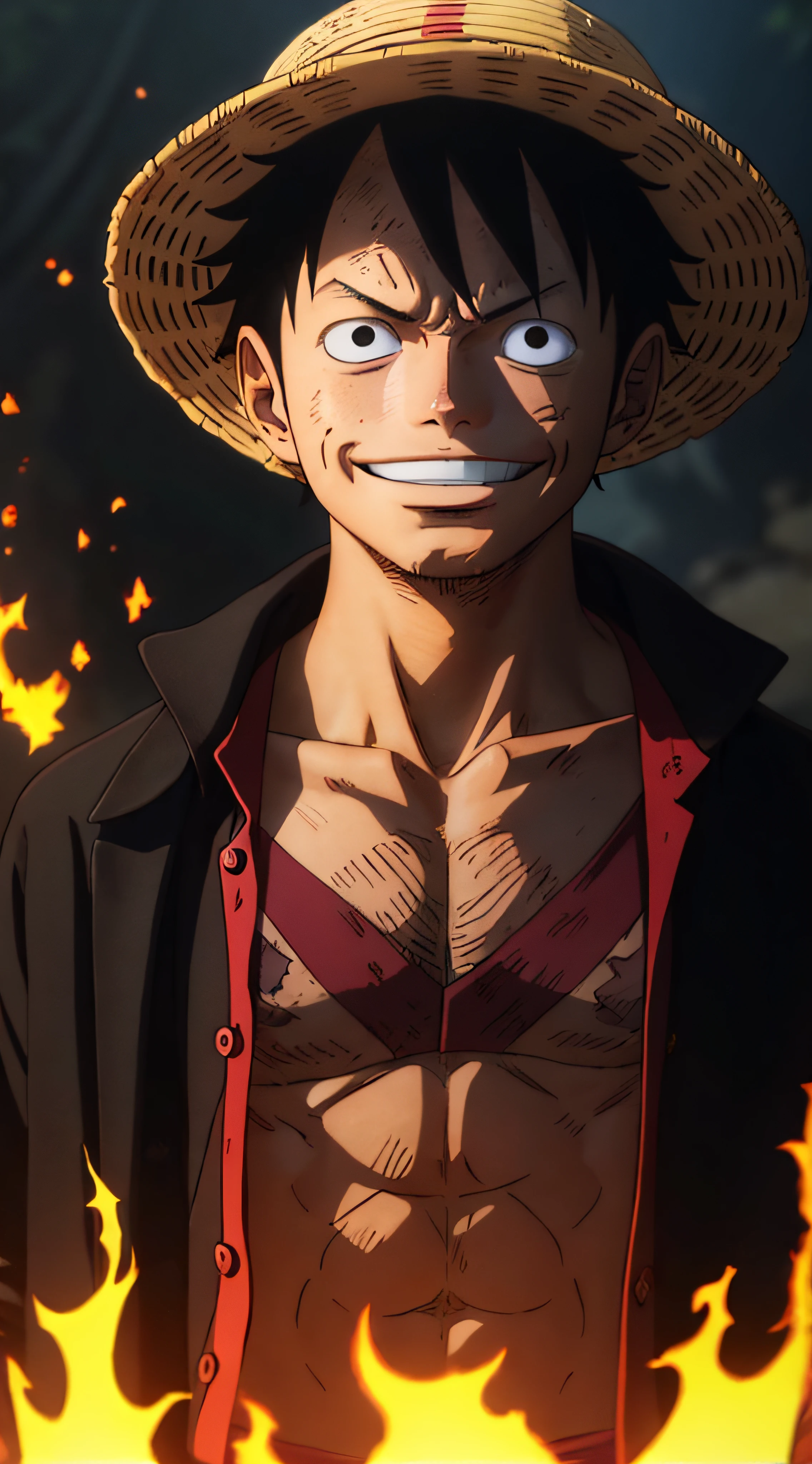 1boy, wanostyle, monkey d luffy, smiling, straw hat, looking at viewer, solo, upper body, ((masterpiece)), (best quality), (extremely detailed), depth of field, sketch, dark intense shadows, sharp focus, soft lighting, hdr, colorful, good composition, fire all around, spectacular, closed shirt, anime screencap, scar under eye, ready to fight, black eyes
