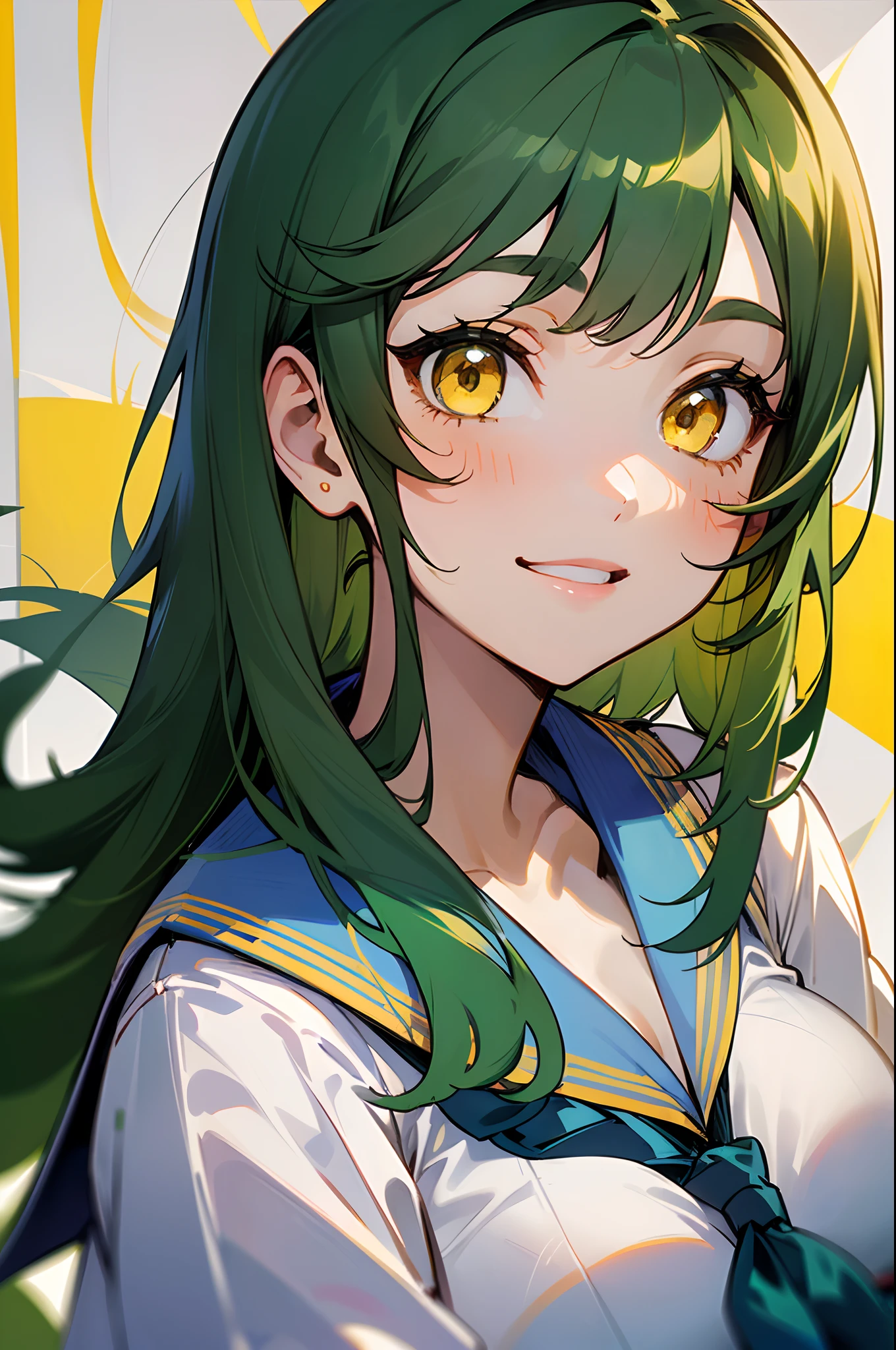 ((girl with、Sailor Uniform School Uniform、Dark green hair:1.5、straight haired、shairband:1.5、Yellow eyes、A slight smil、Big breasts))