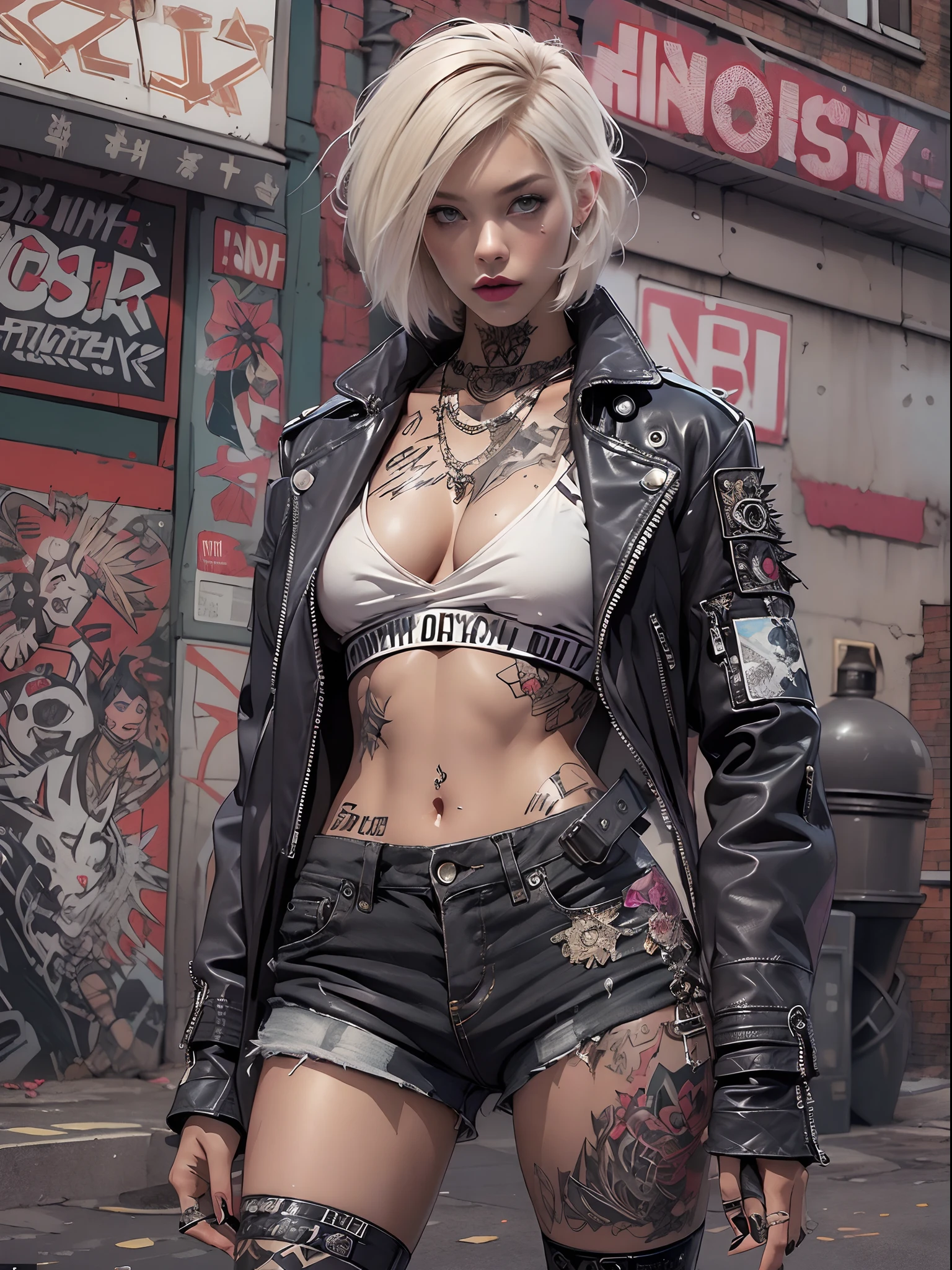 (((of the highest quality: 1.4))),(unparalleled masterpiece ever), (Ultra high definition),(Ultra-realistic 8K CG), offcial art、 (((adult body))), (((1girl in))), ((( Bob Shorthair ))), Punk girl with a perfect body, Jacket with metal spines,Beautiful and well-groomed face,,Detailed punk fashion,leather jackets, (Image from head to thigh),(( White Blonde Bob Shorthair )), Small leather panties, Simon Bisley's urban savage style,Detailed street background of London,Clean abs, Complex graphics, dark pink with white stars and gray and white stripes,, (( Many poisonous tattoos )), piercings,