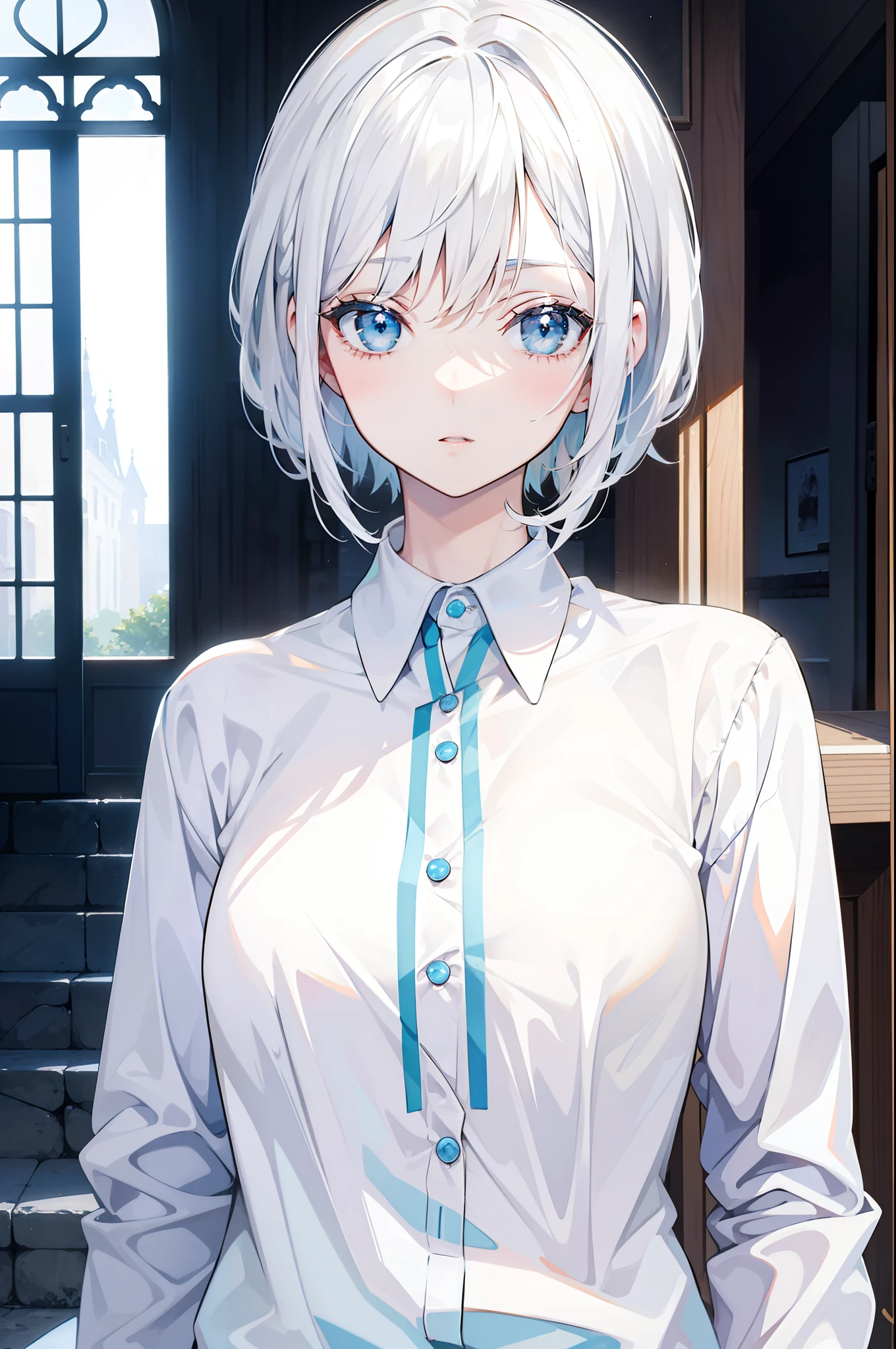 white  hair,Light blue eyes,bobhair,shirt,girl with