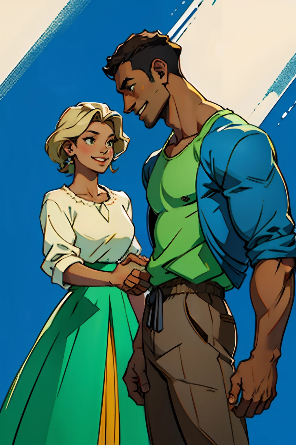 A dark skinned man and woman, shaking hands in agreement, smiling, hand in hand, background is springtime hills, mood is diplomatic, regulated, daytime light, character design.